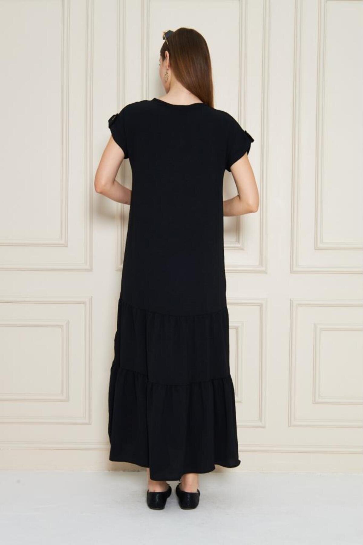 Long Loose Short Sleeve Ruffled Hem Epaulette Detailed Dress - Black - Pasaklı Giyim