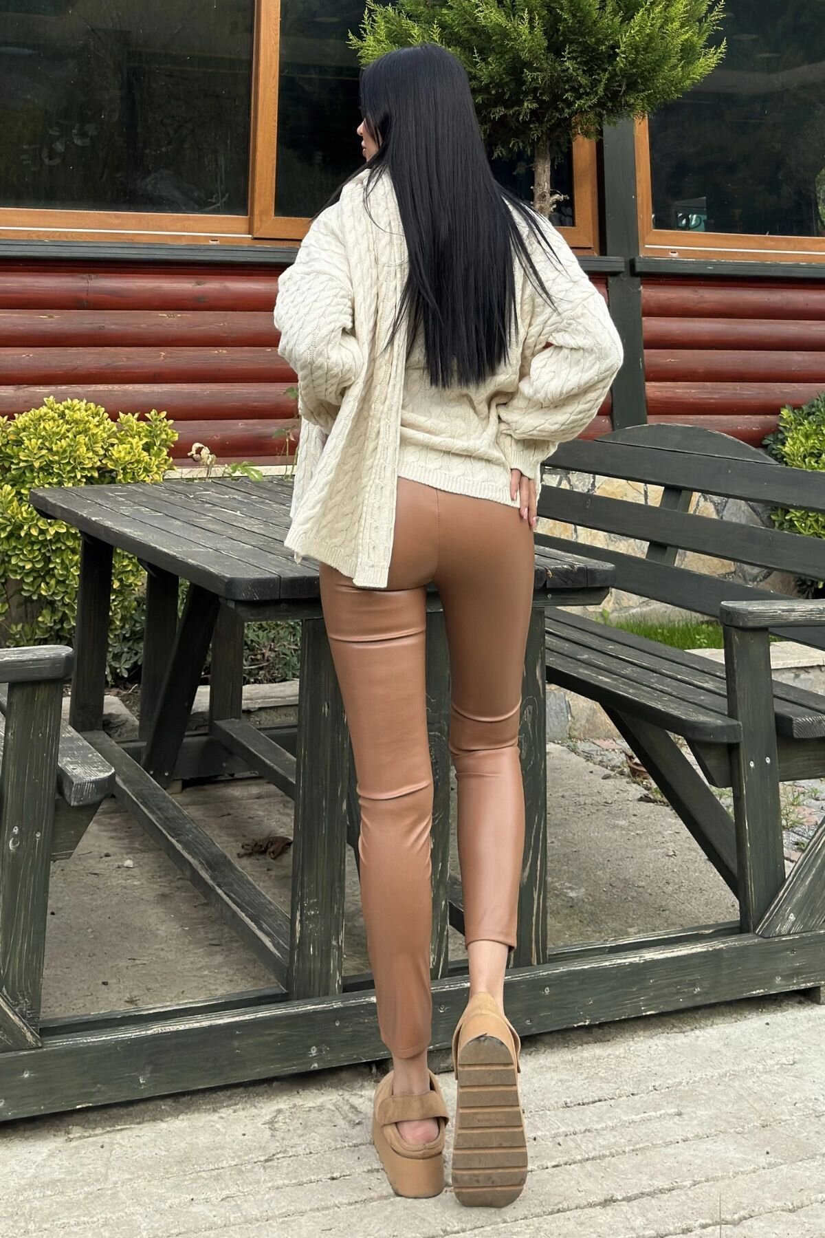 Legging-Style Stretchy Elastic Back Waist Pants - Tan - Pasaklı Giyim