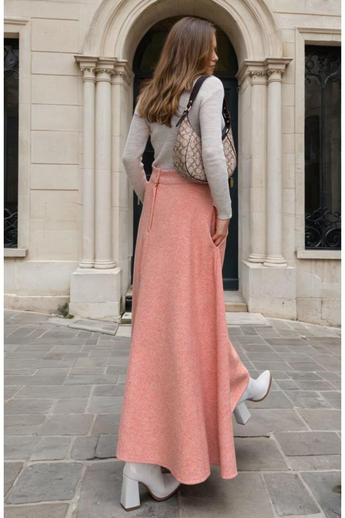 Long High-Waisted Flared Mottled Woolen Pocketed Skirt - Orange - Pasaklı Giyim