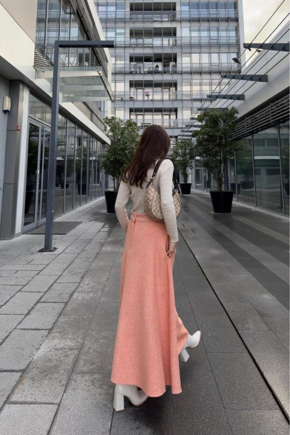 Long High-Waisted Flared Mottled Woolen Pocketed Skirt - Orange - Pasaklı Giyim