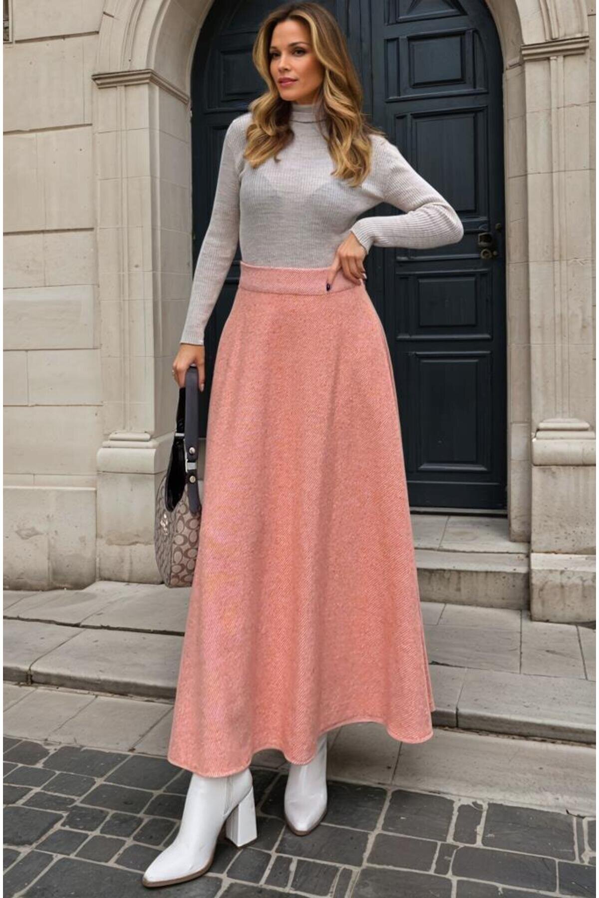 Long High-Waisted Flared Mottled Woolen Pocketed Skirt - Orange - Pasaklı Giyim