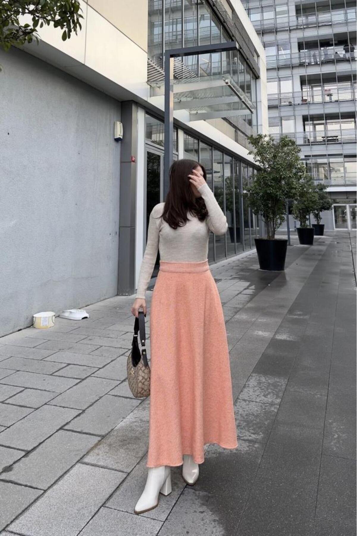 Long High-Waisted Flared Mottled Woolen Pocketed Skirt - Orange - Pasaklı Giyim