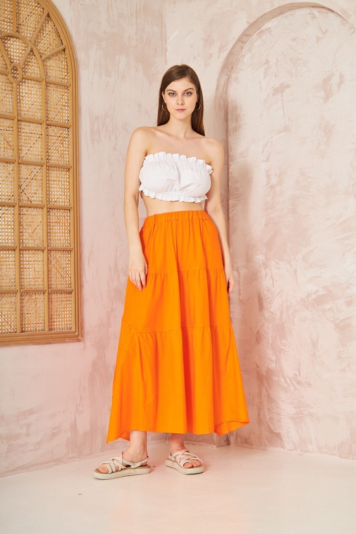 Long Loose Casual Asymmetric Tiered Ruffled Flare Elastic Waist Skirt with Pockets - Orange - Pasaklı Giyim