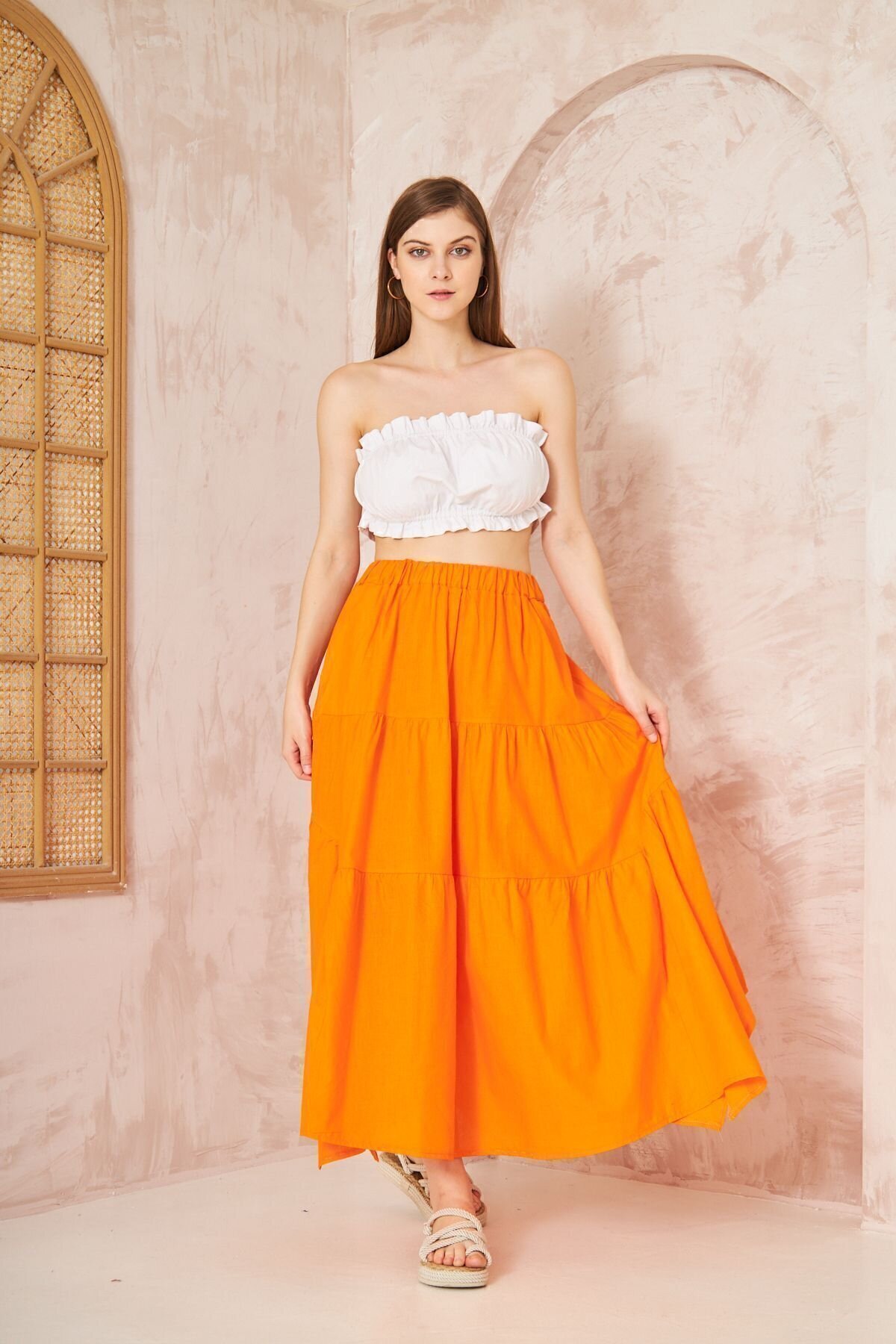 Long Loose Casual Asymmetric Tiered Ruffled Flare Elastic Waist Skirt with Pockets - Orange - Pasaklı Giyim