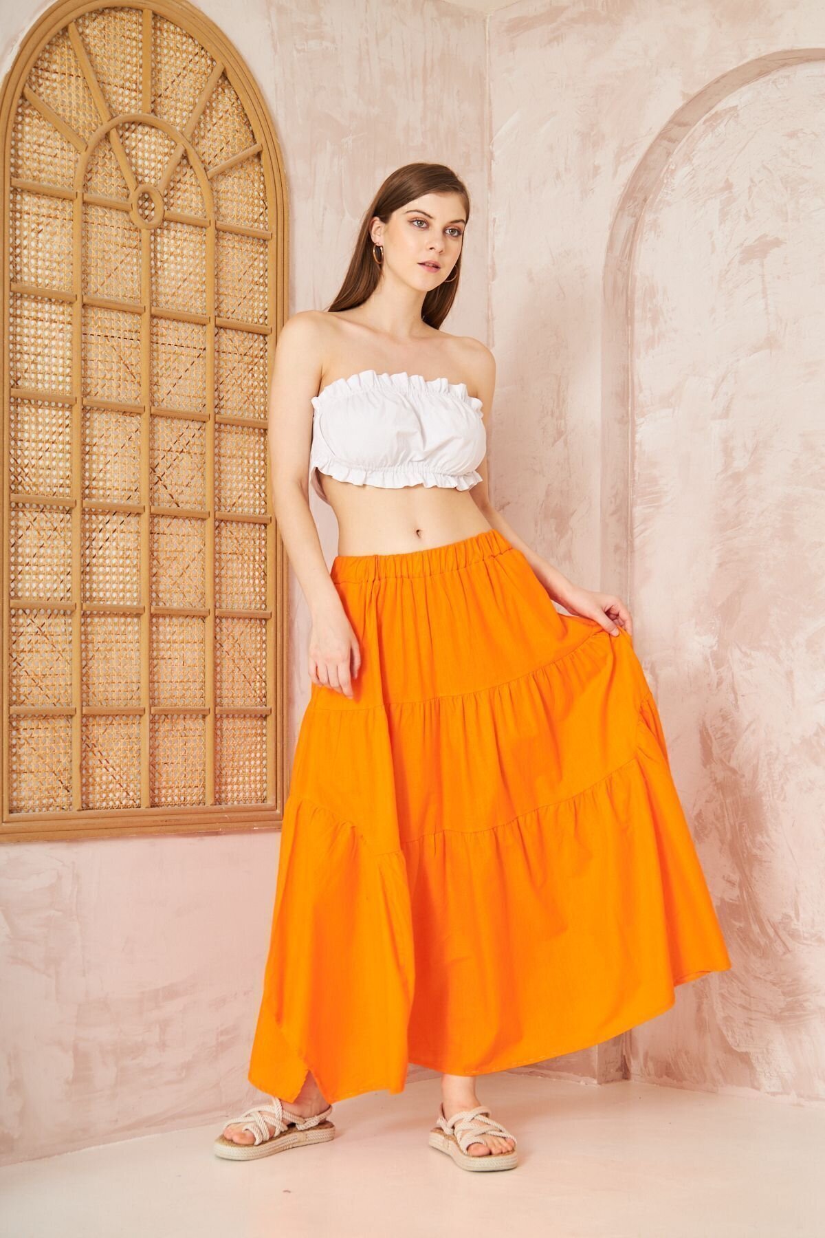 Long Loose Casual Asymmetric Tiered Ruffled Flare Elastic Waist Skirt with Pockets - Orange - Pasaklı Giyim