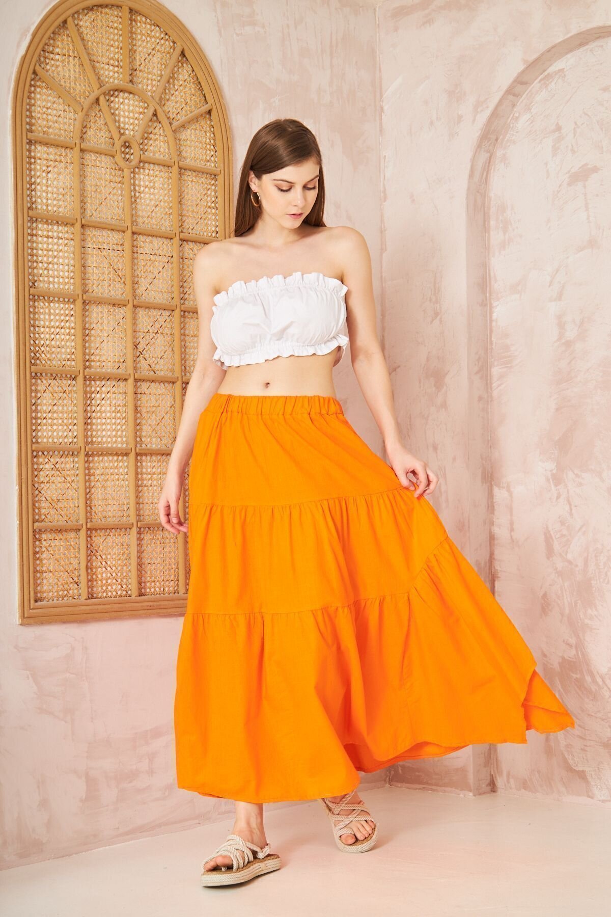 Long Loose Casual Asymmetric Tiered Ruffled Flare Elastic Waist Skirt with Pockets - Orange - Pasaklı Giyim