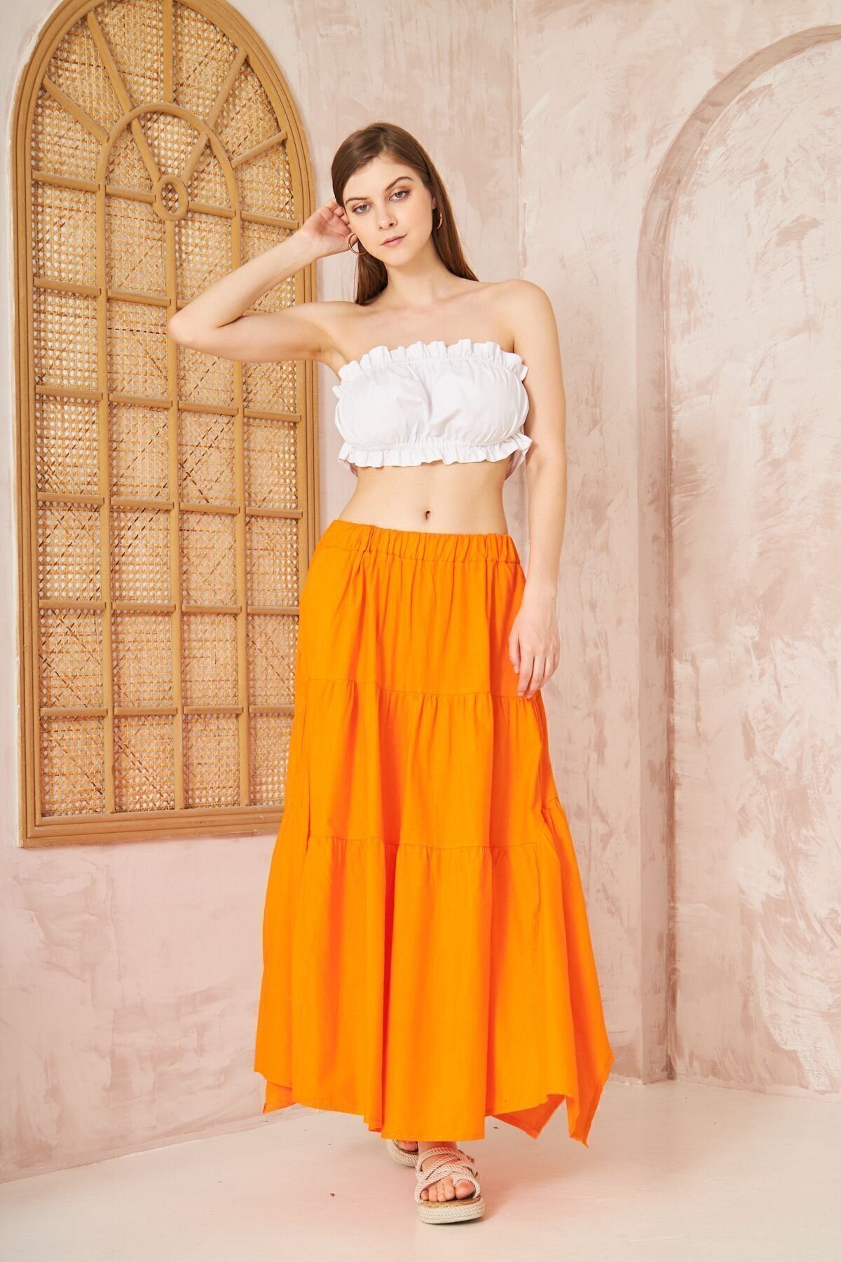Long Loose Casual Asymmetric Tiered Ruffled Flare Elastic Waist Skirt with Pockets - Orange - Pasaklı Giyim