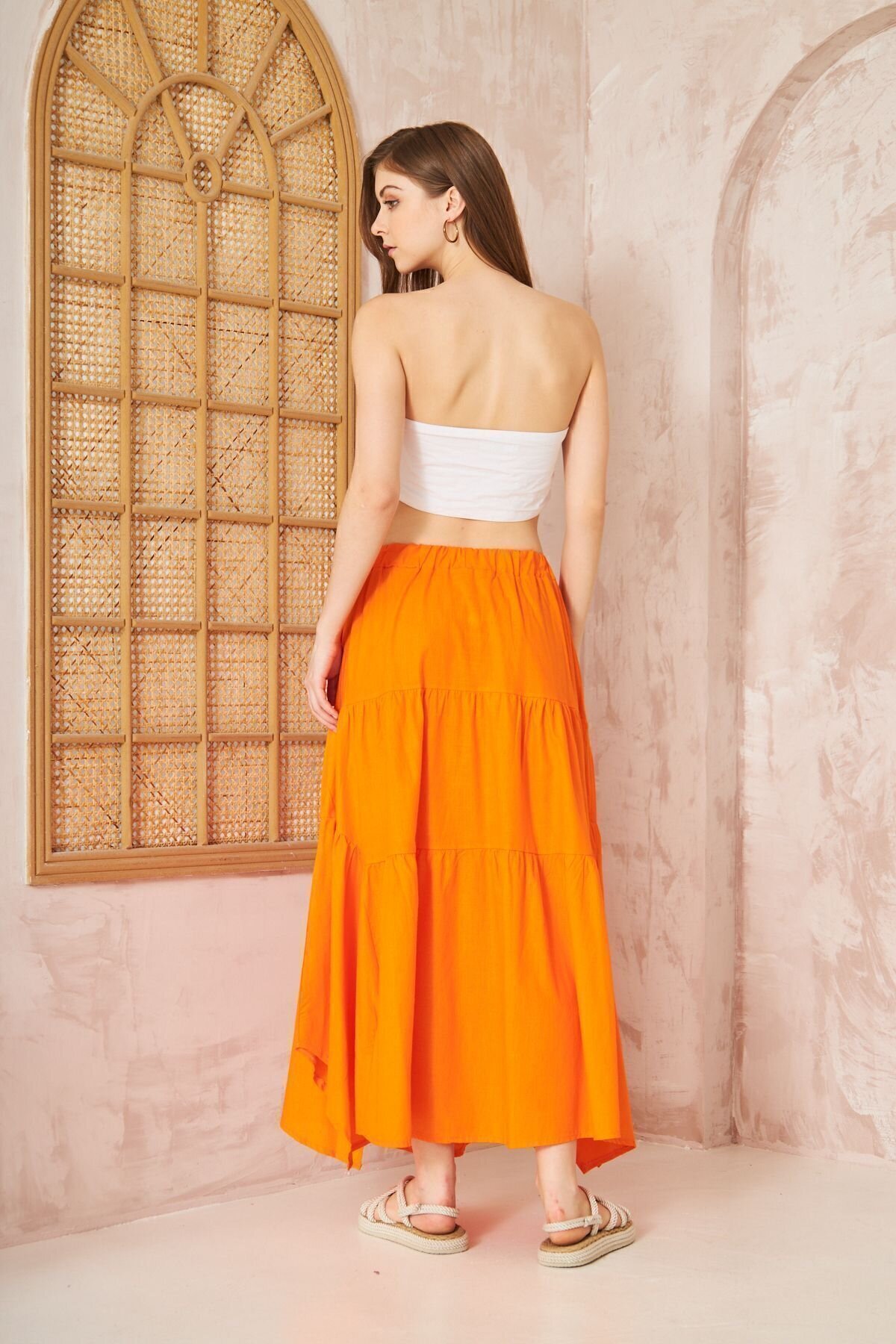 Long Loose Casual Asymmetric Tiered Ruffled Flare Elastic Waist Skirt with Pockets - Orange - Pasaklı Giyim