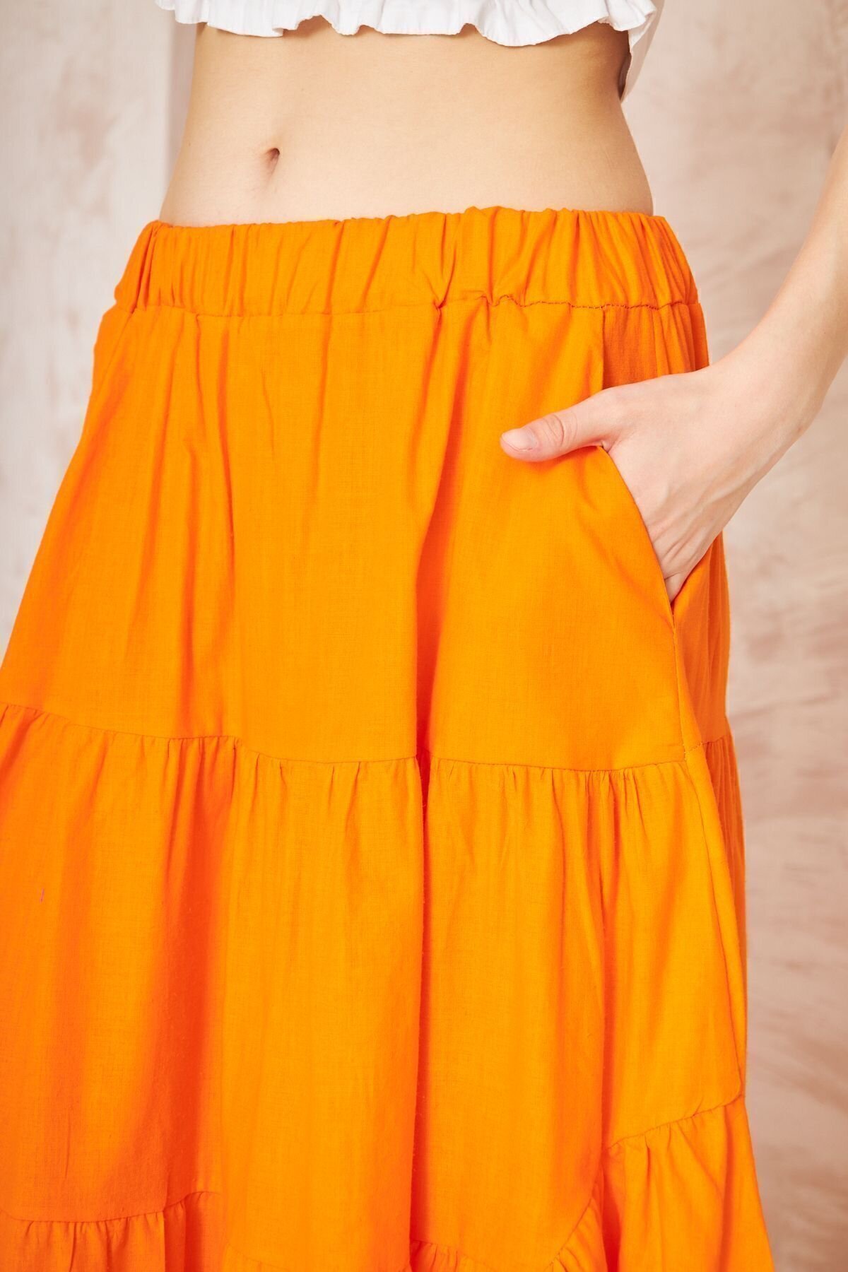 Long Loose Casual Asymmetric Tiered Ruffled Flare Elastic Waist Skirt with Pockets - Orange - Pasaklı Giyim