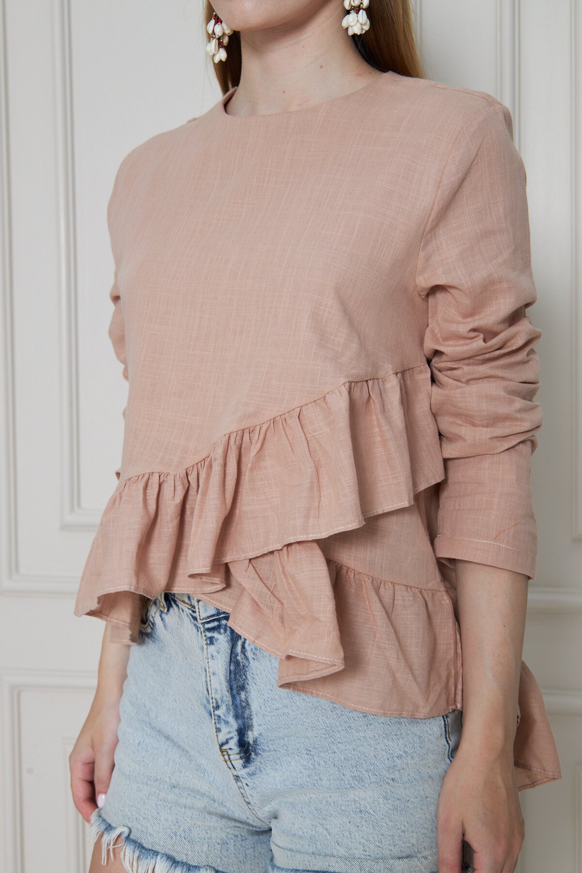 Relaxed Fit Long Back Cotton Linen Ruffled Blouse - Mink - Pasaklı Giyim