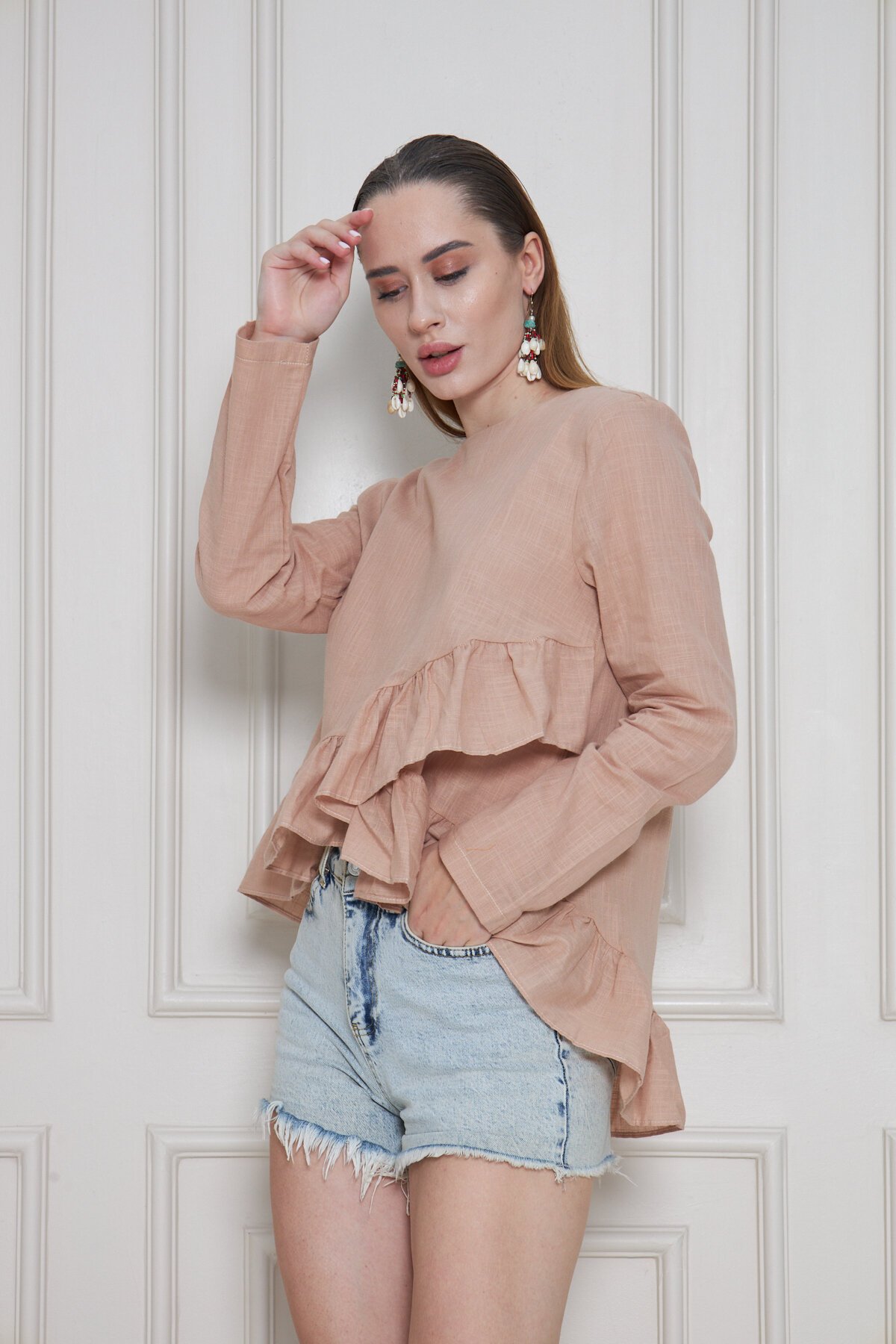 Relaxed Fit Long Back Cotton Linen Ruffled Blouse - Mink - Pasaklı Giyim