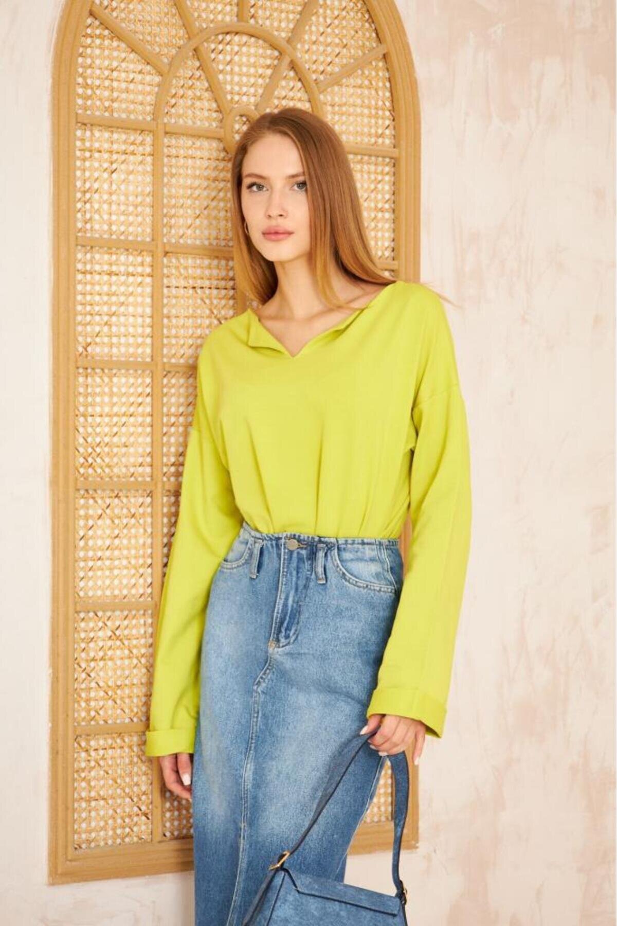 Extra Long Slouchy Slit Neck Rolled Cuff Sweatshirt - Oil Green - Pasaklı Giyim