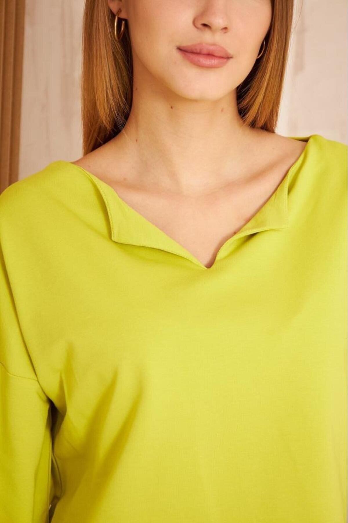 Extra Long Slouchy Slit Neck Rolled Cuff Sweatshirt - Oil Green - Pasaklı Giyim