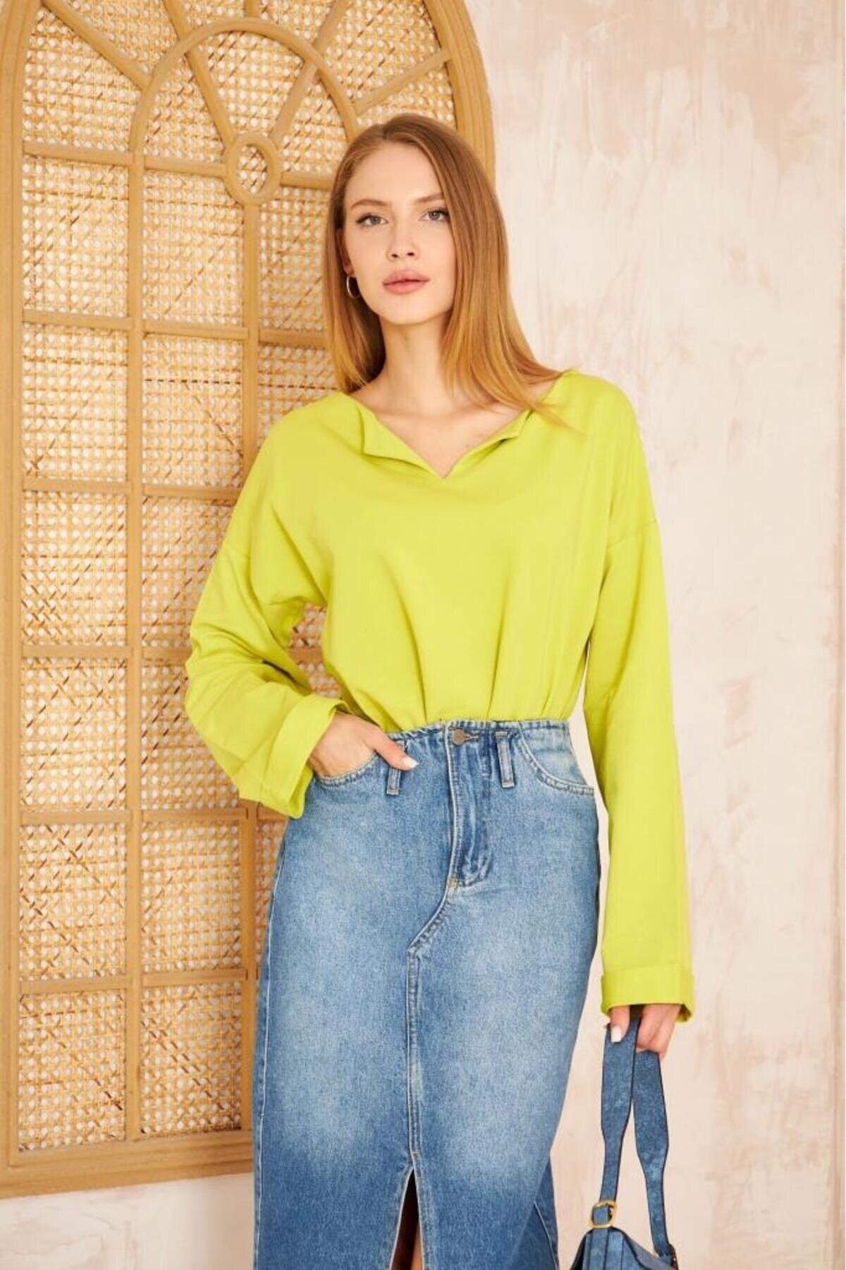 Extra Long Slouchy Slit Neck Rolled Cuff Sweatshirt - Oil Green - Pasaklı Giyim