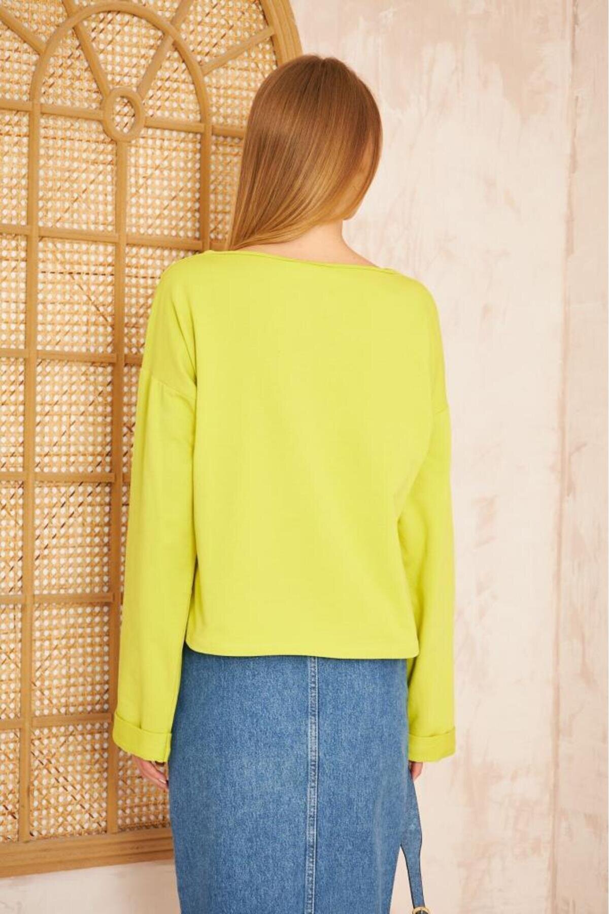 Extra Long Slouchy Slit Neck Rolled Cuff Sweatshirt - Oil Green - Pasaklı Giyim