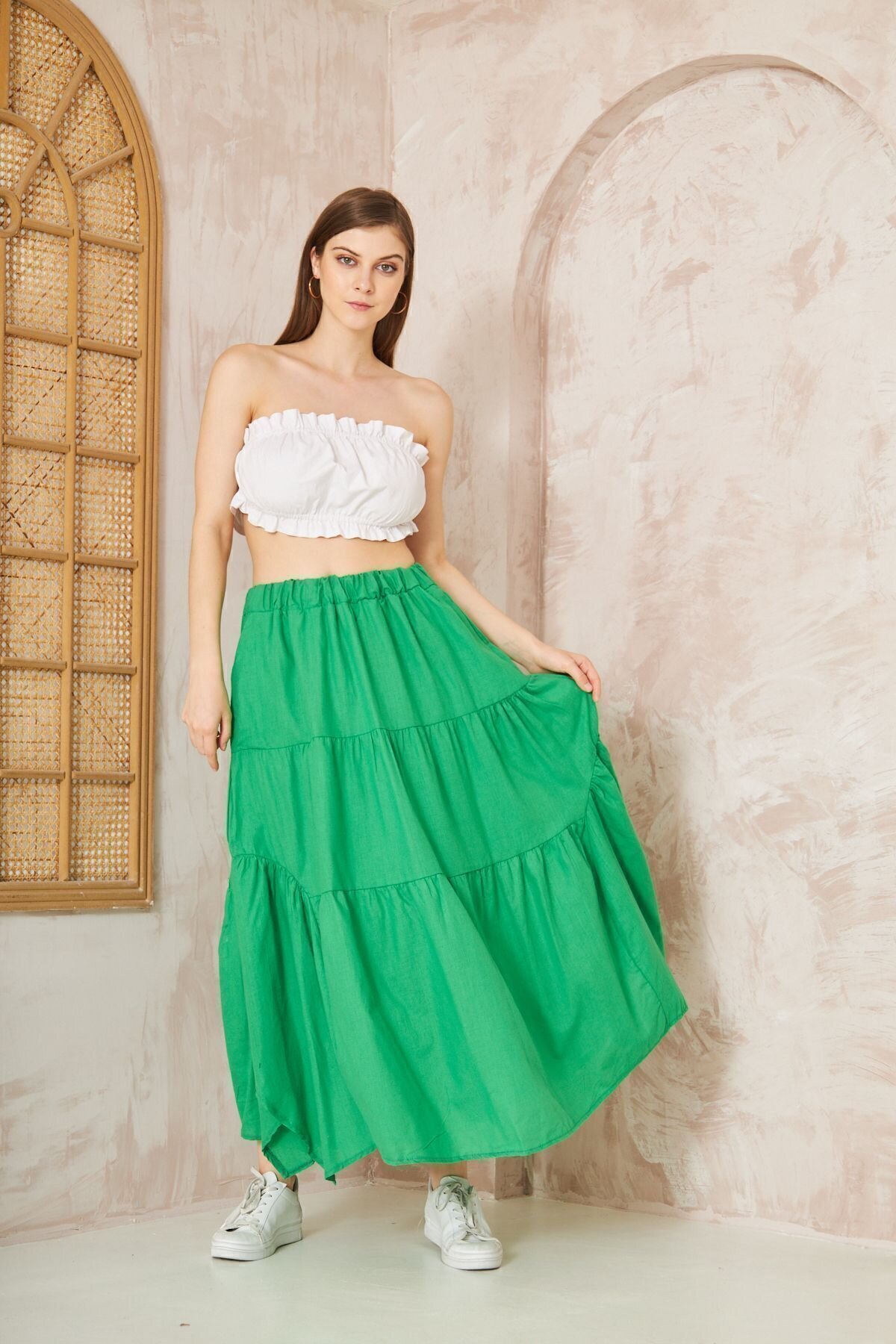 Long Loose Sporty Flared Layered Asymmetric Cut Ruffled Elastic Waist Skirt with Pockets - Green - Pasaklı Giyim