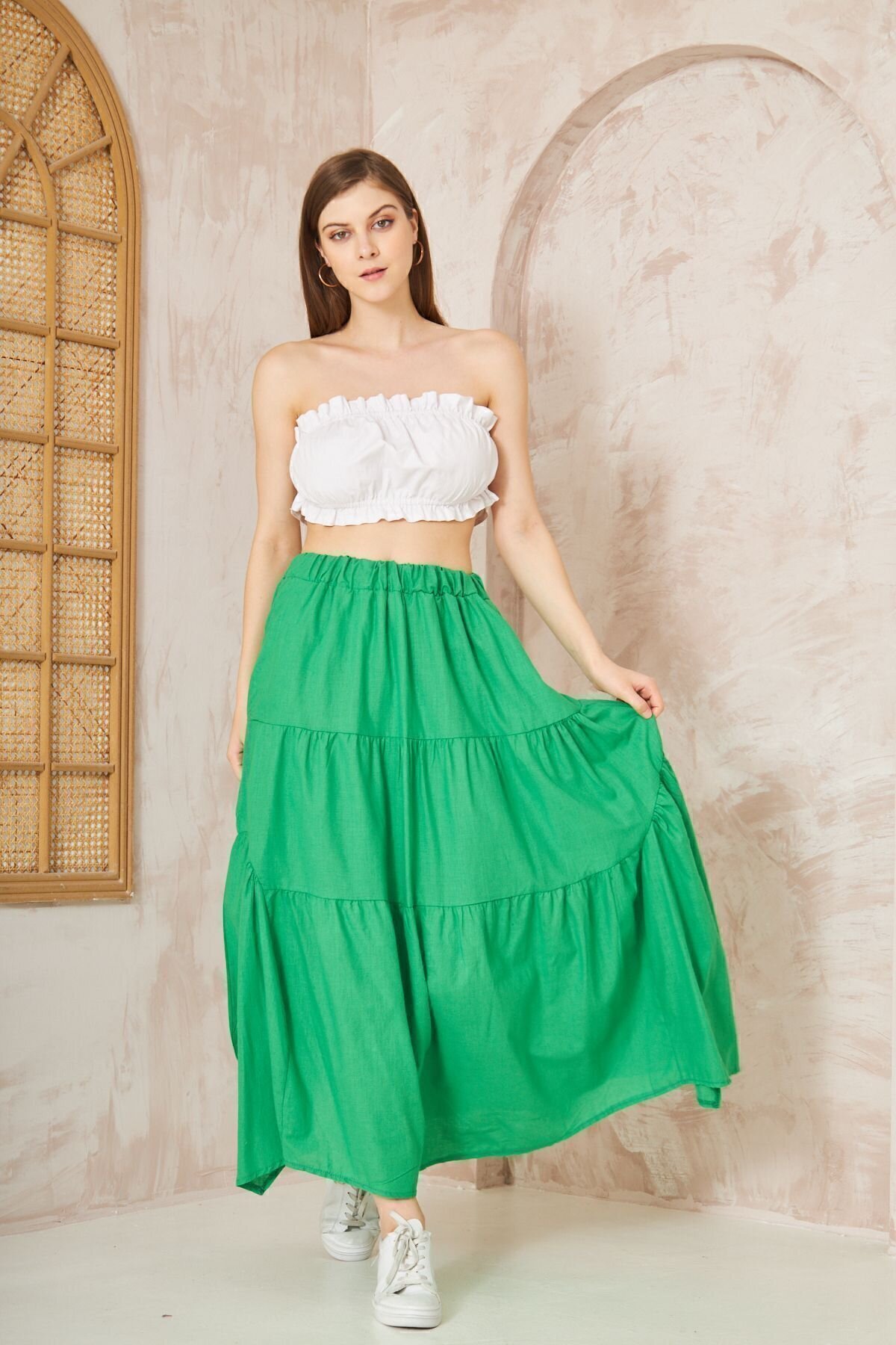 Long Loose Sporty Flared Layered Asymmetric Cut Ruffled Elastic Waist Skirt with Pockets - Green - Pasaklı Giyim