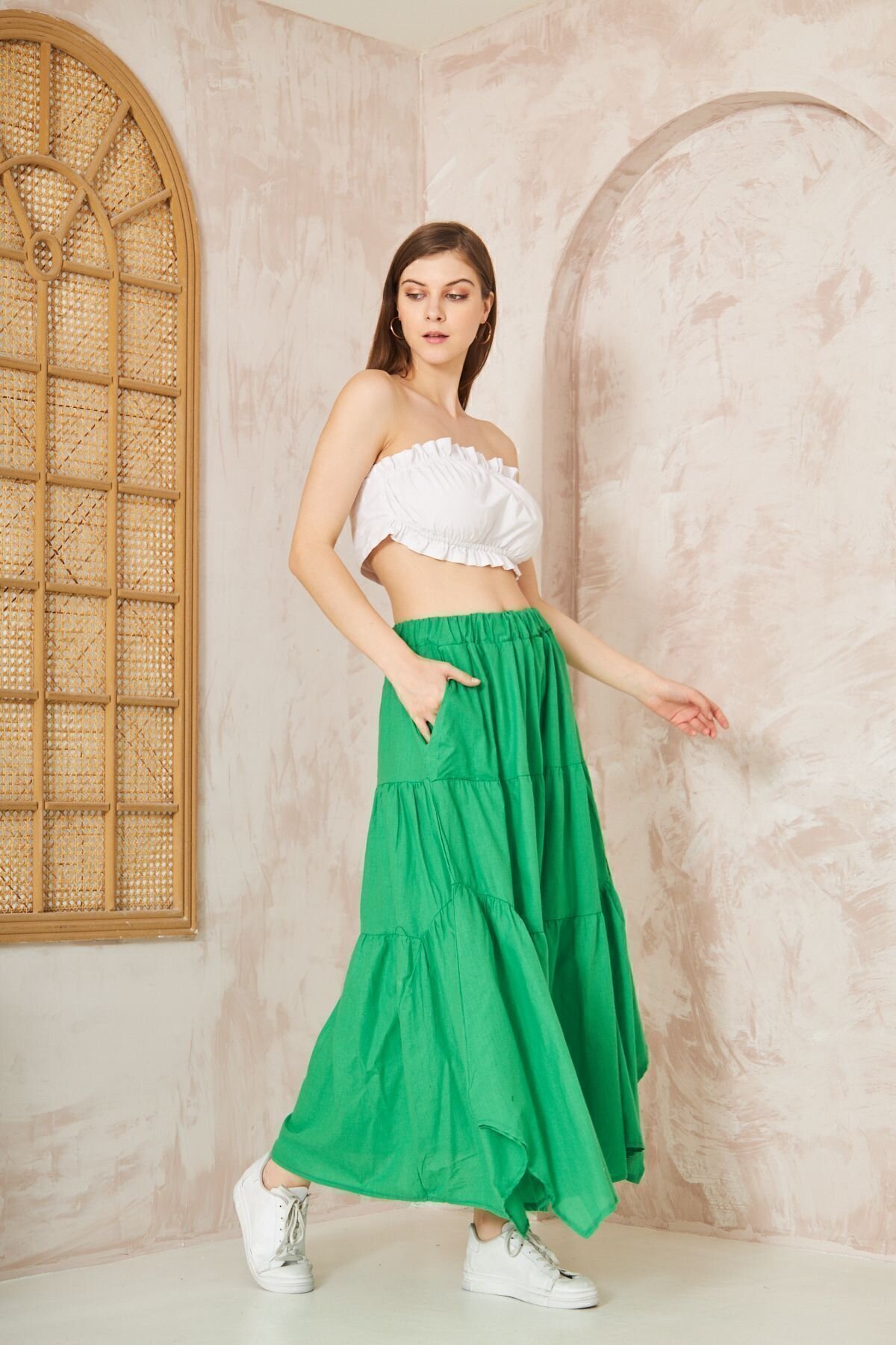 Long Loose Sporty Flared Layered Asymmetric Cut Ruffled Elastic Waist Skirt with Pockets - Green - Pasaklı Giyim
