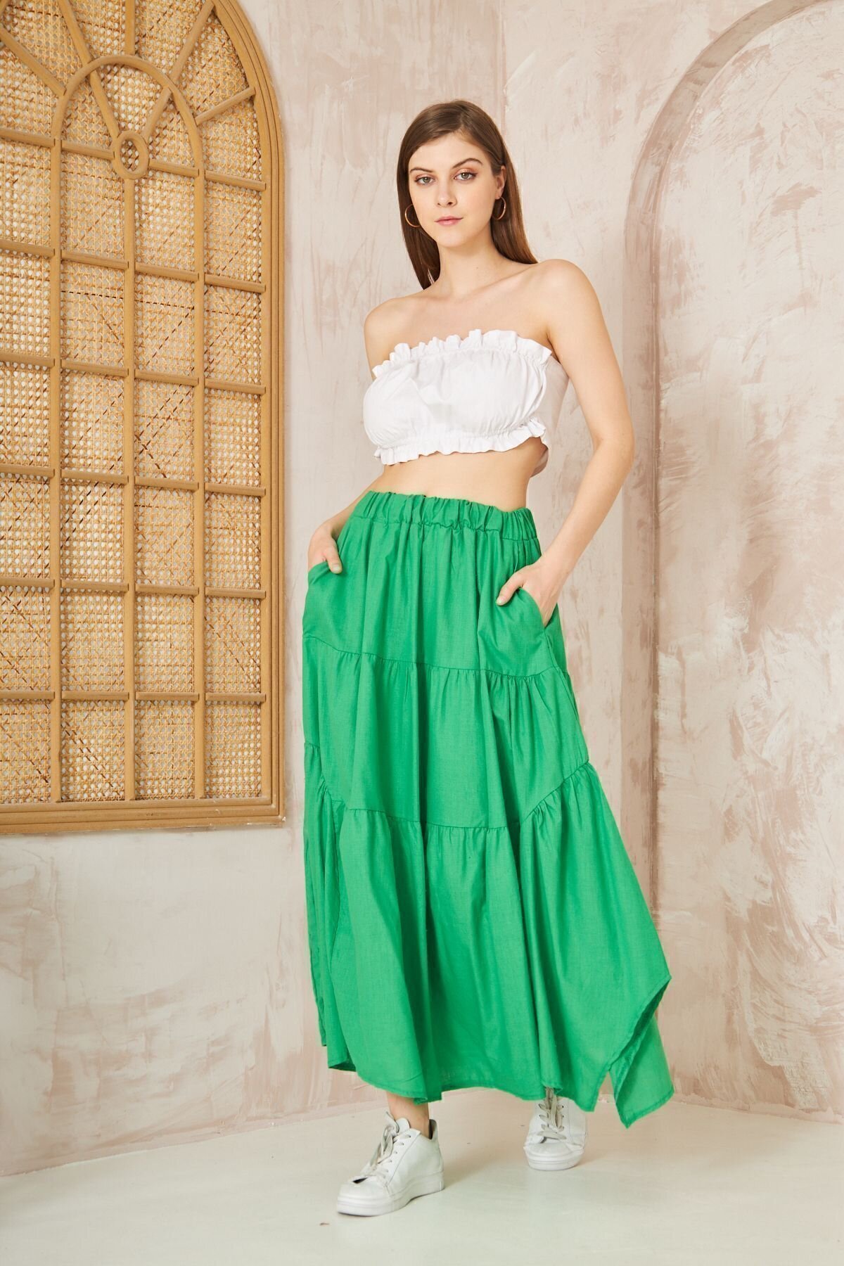 Long Loose Sporty Flared Layered Asymmetric Cut Ruffled Elastic Waist Skirt with Pockets - Green - Pasaklı Giyim
