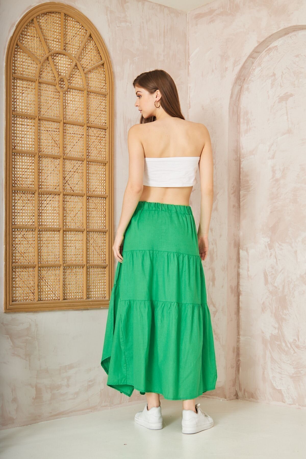 Long Loose Sporty Flared Layered Asymmetric Cut Ruffled Elastic Waist Skirt with Pockets - Green - Pasaklı Giyim