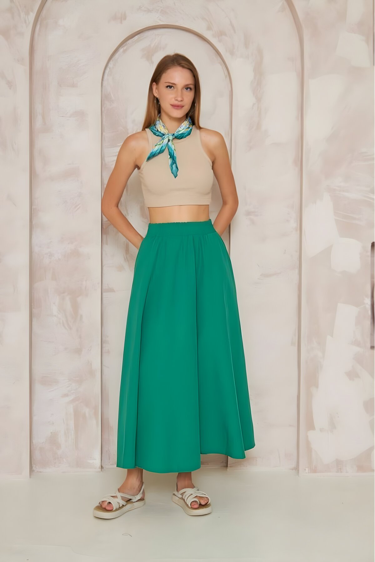 Yeşil Uzun Beli Lastikli Dökümlü Bohem Tarz Salaş Poplin Kloş Cepli Etek