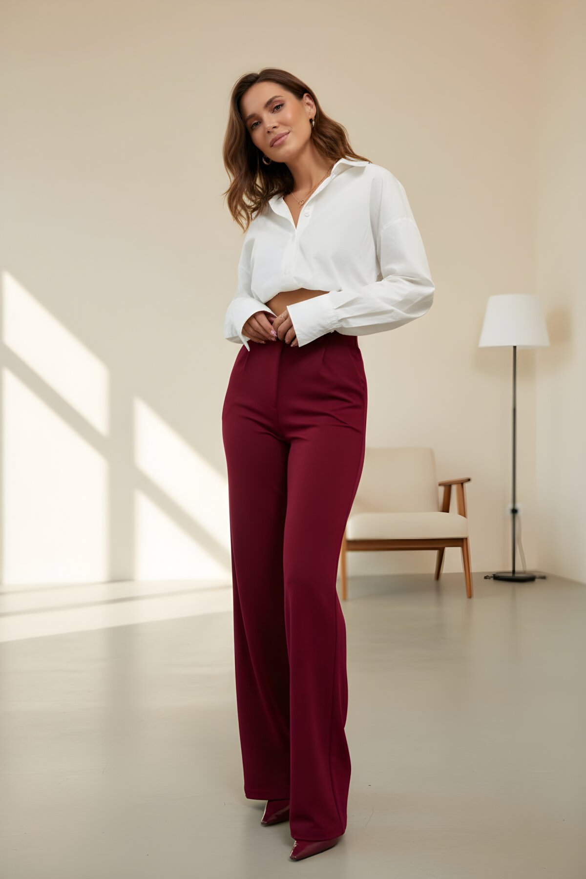 Bordo Jakar Palazzo Cırtlı Pantolon