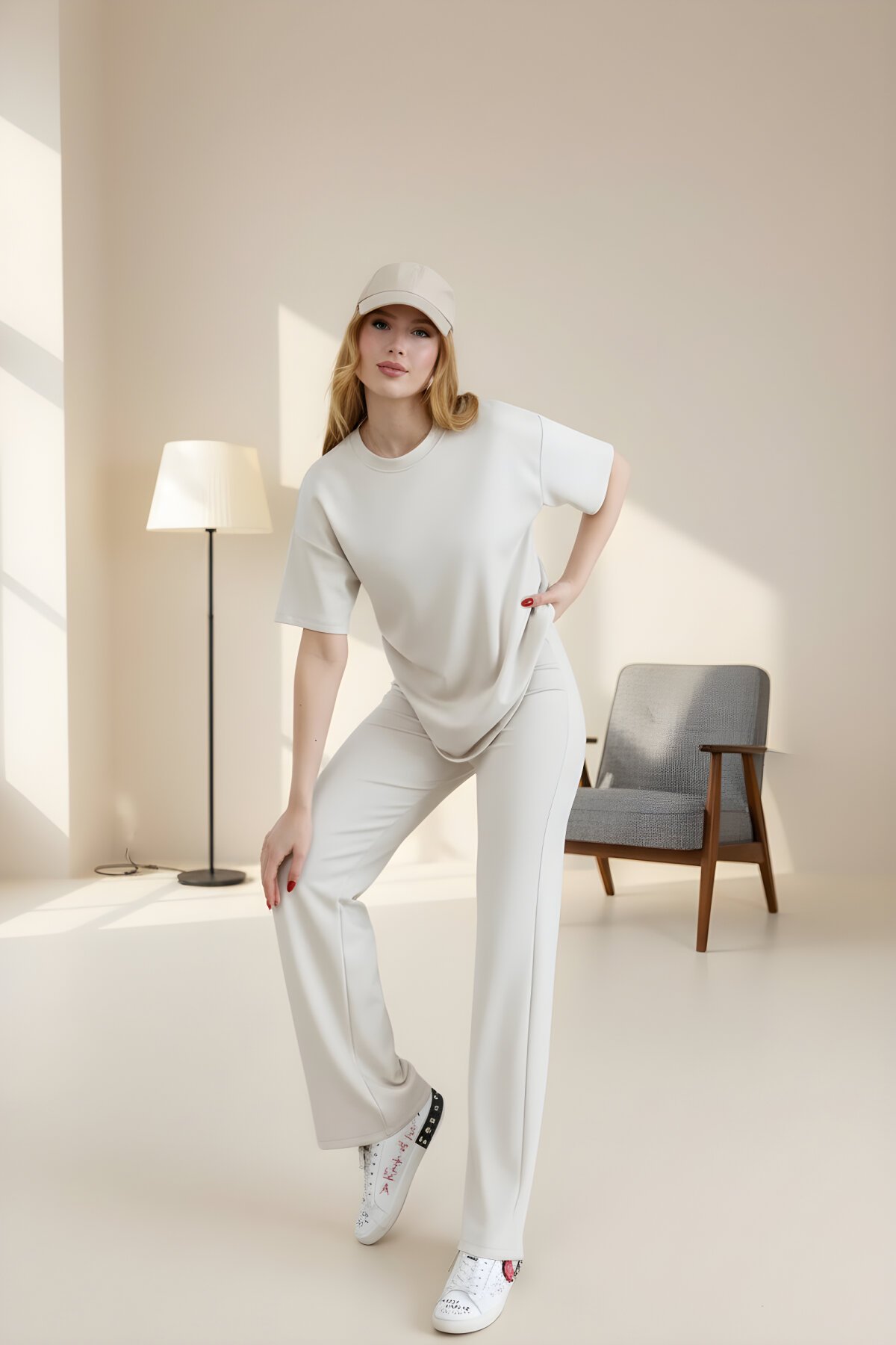 Short-Sleeve Crew-Neck Soft-Textured Osy-Modal Stone-Detailed Two-Piece Set - Off-White - RAWEA FASHİON