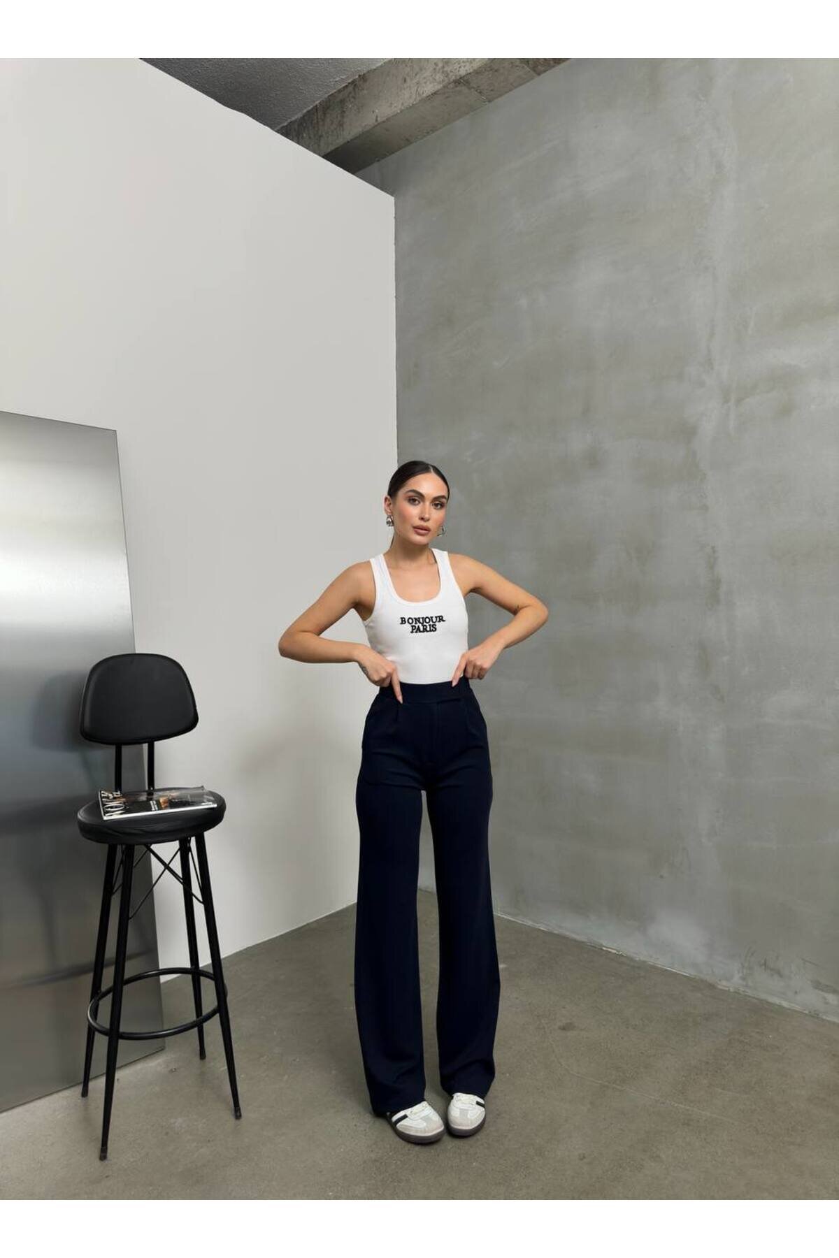 Palazzo Jacquard Velcro Pants - Navy - RAWEA FASHİON