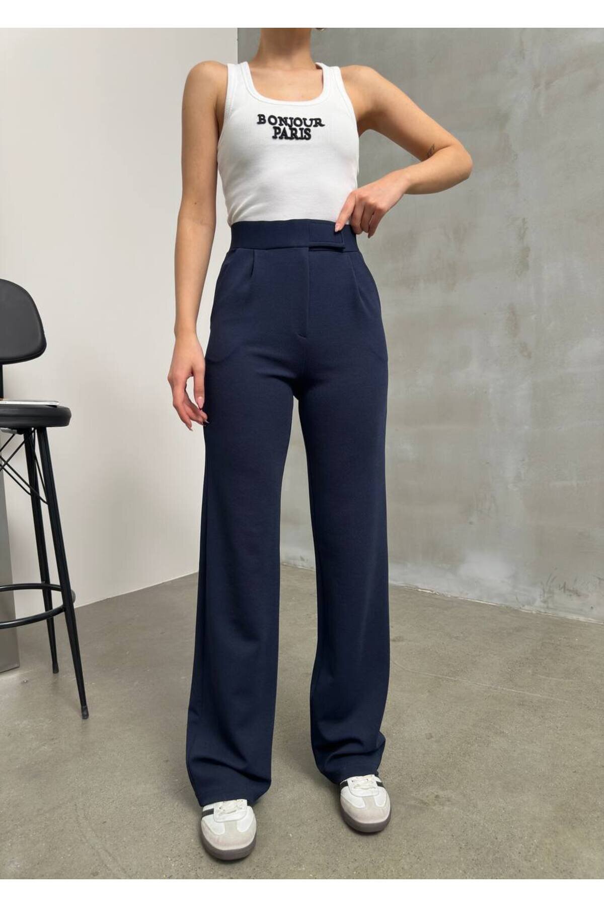 Palazzo Jacquard Velcro Pants - Navy - RAWEA FASHİON