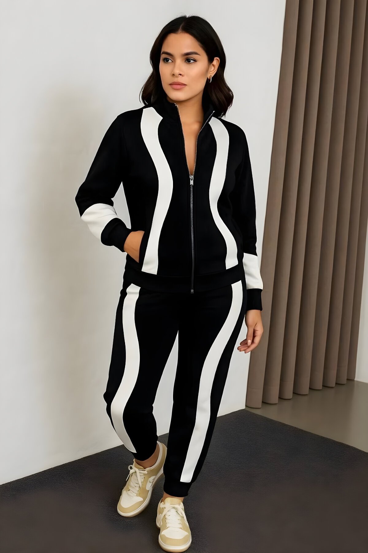 Siyah Parçalı Premium İkili Eşofman Dik Yaka Fermuarlı Sweatshirt Takım - RAWEA FASHİON