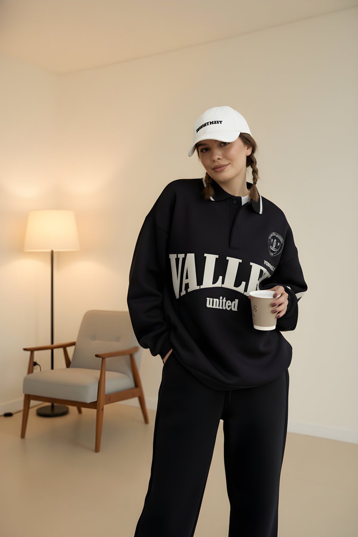 Siyah Üç İplik Baggy Yakalı Sweat Pantolonlu Eşofman Takım - RAWEA FASHİON