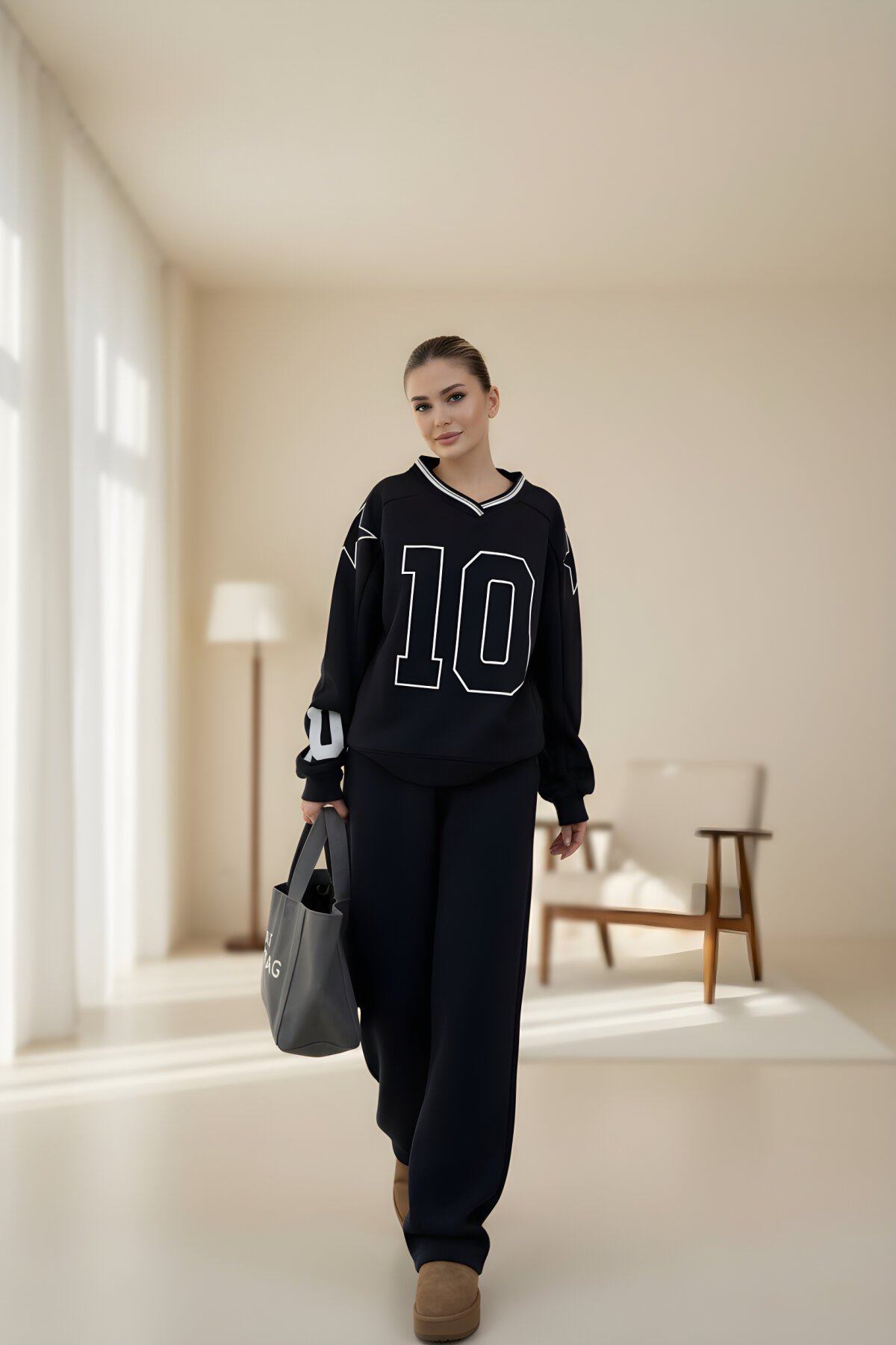 Siyah Üç İplik V Yaka Sweat İkili Takım - RAWEA FASHİON