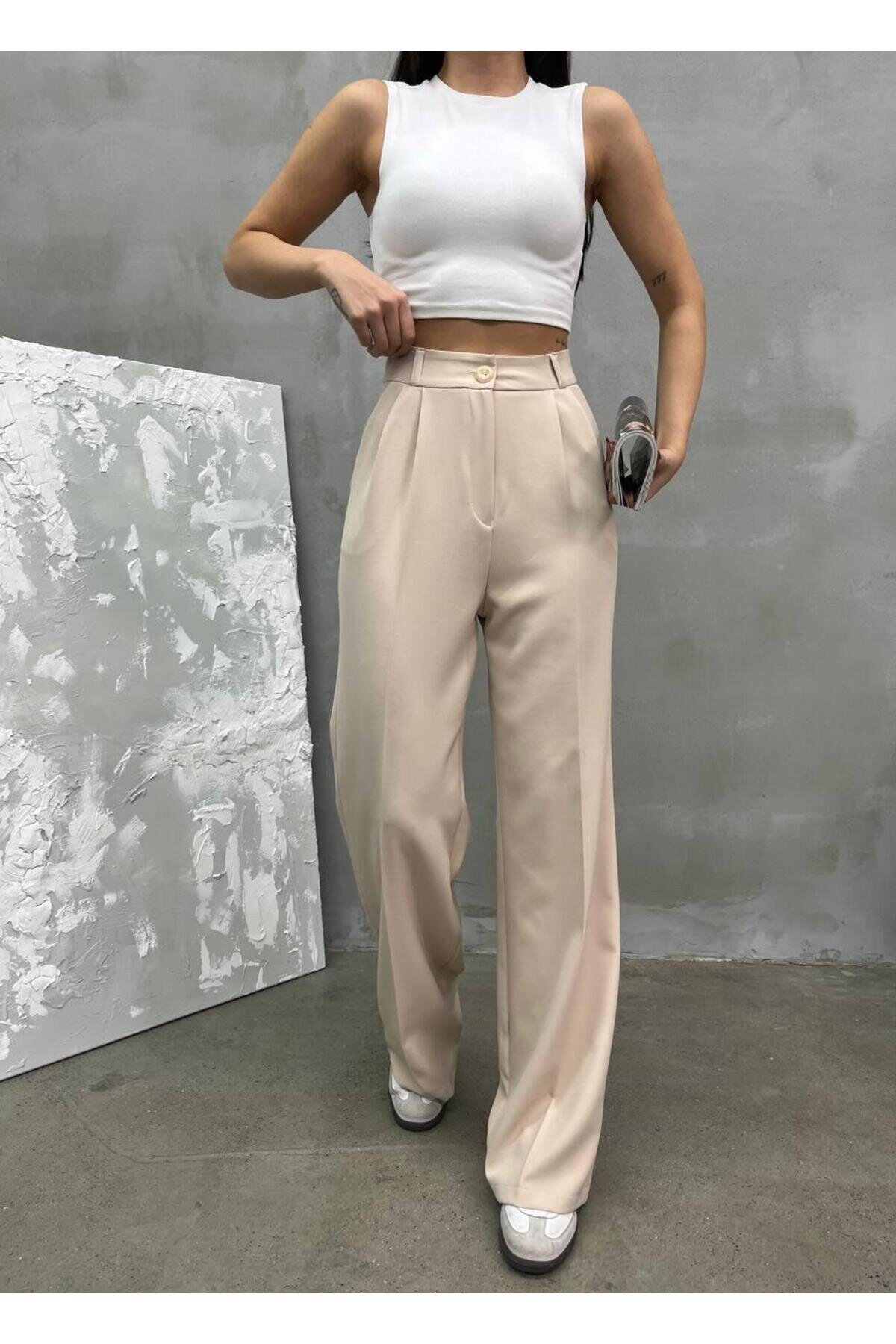 Palazzo Double Fabric Pants - Stone Beige - RAWEA FASHİON