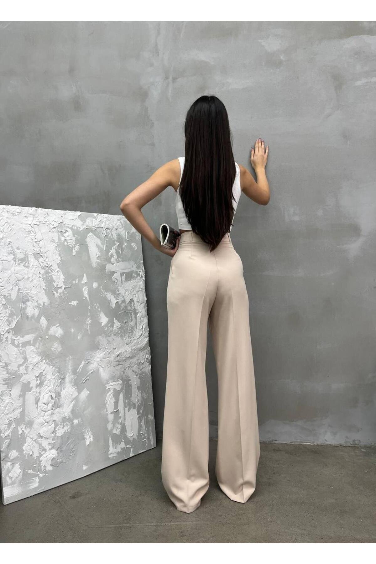 Palazzo Double Fabric Pants - Stone Beige - RAWEA FASHİON
