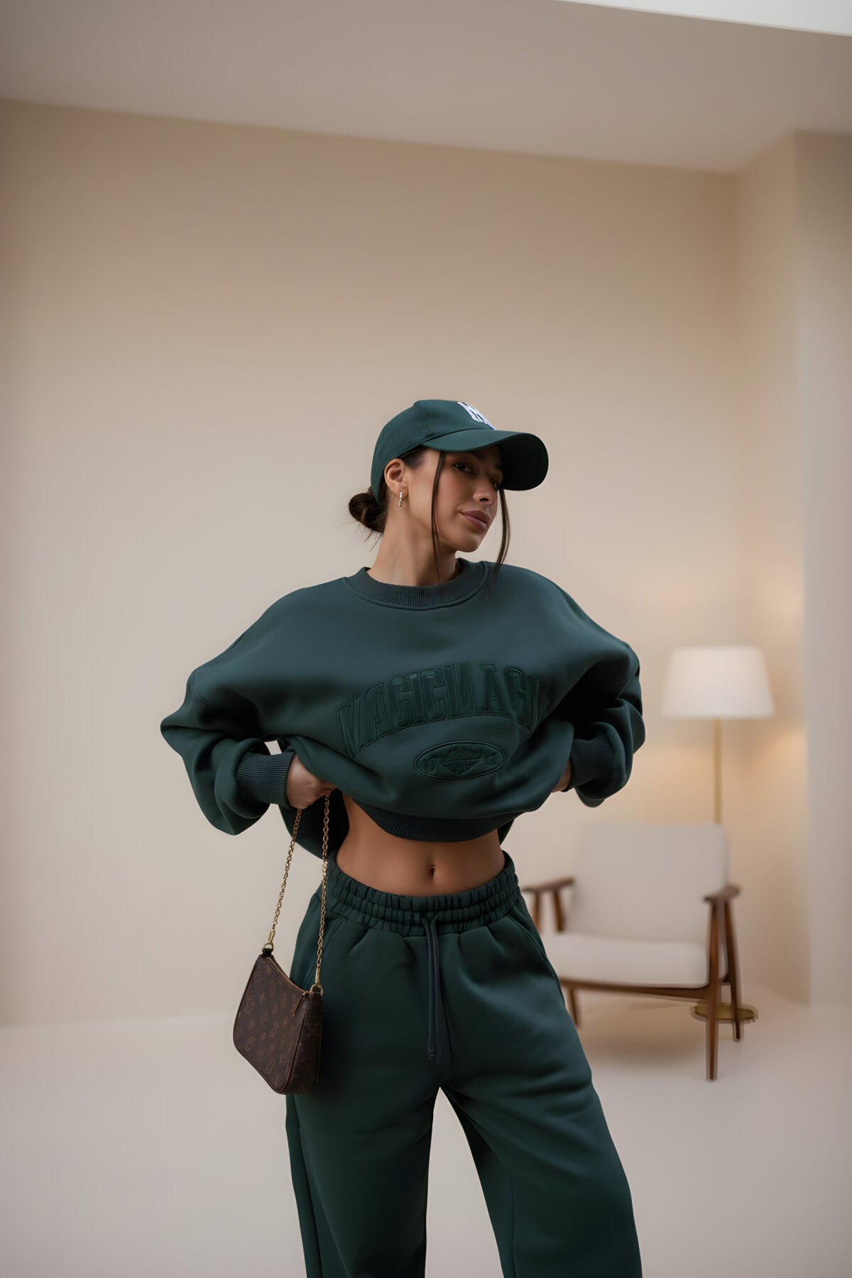 Yeşil Üç İplik Bisiklet Yaka Nakış İşlemeli Sweat İkili Takım - RAWEA FASHİON