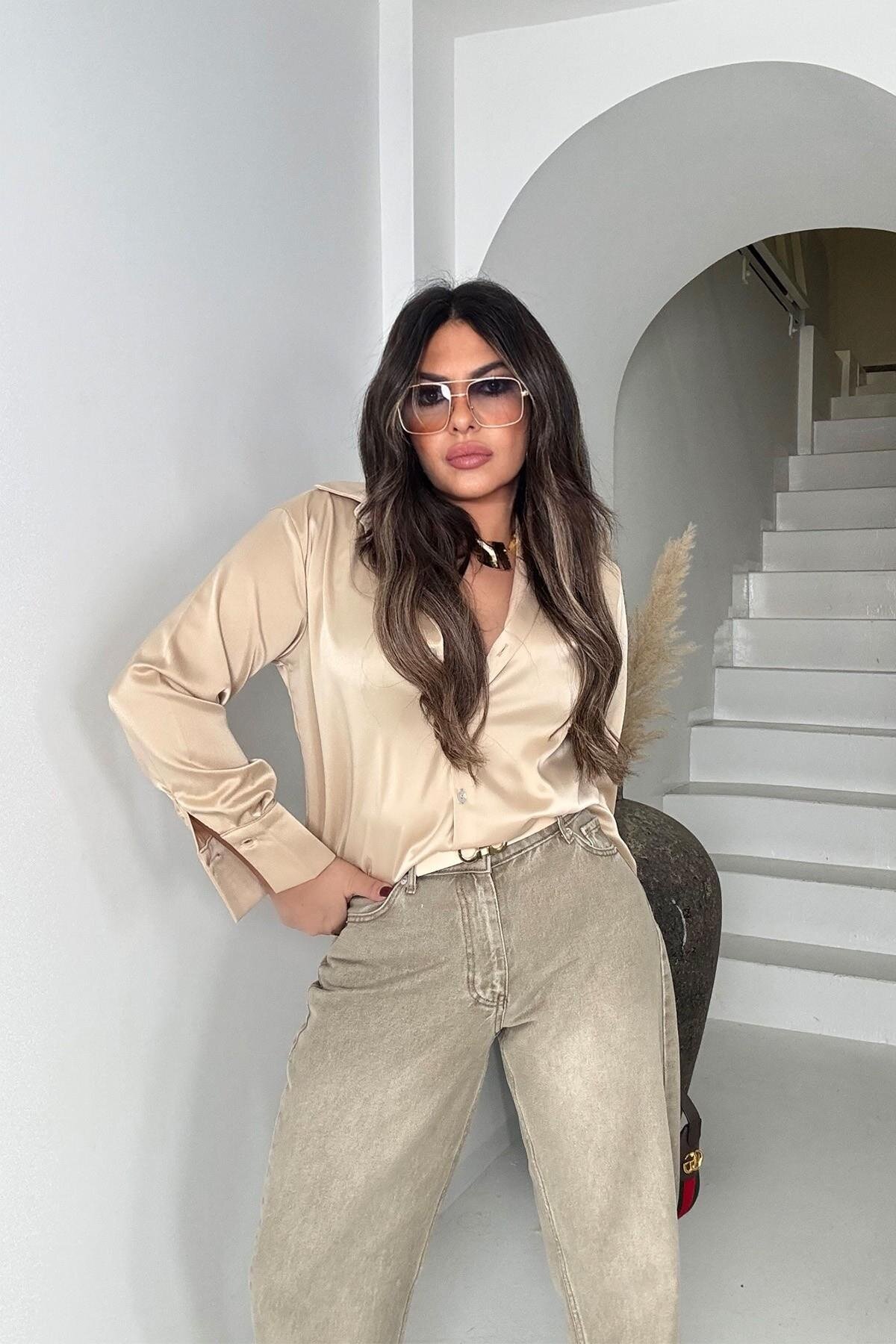 بنطلون جينز ساق واسعة بيج مغسول - Sohotique By P