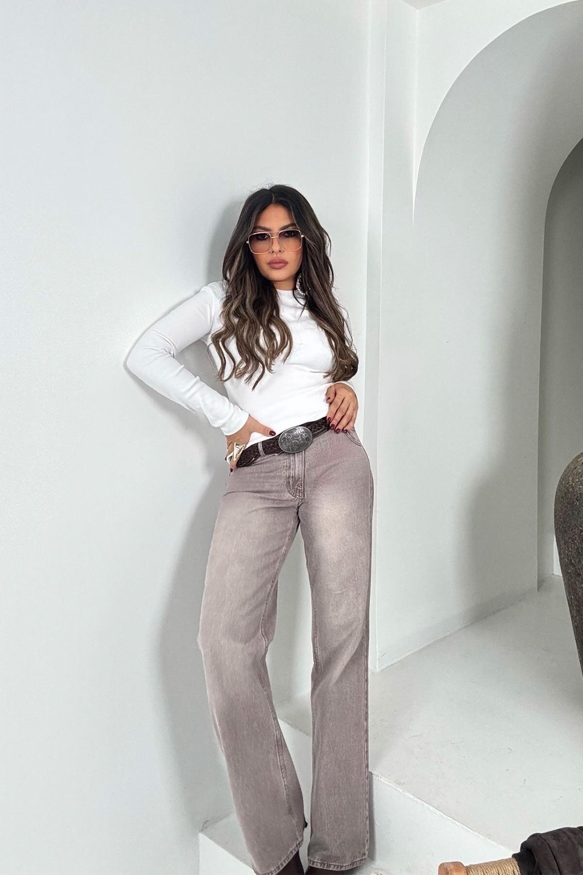 بنطلون جينز واسع لون خمري مغسول - Sohotique By P