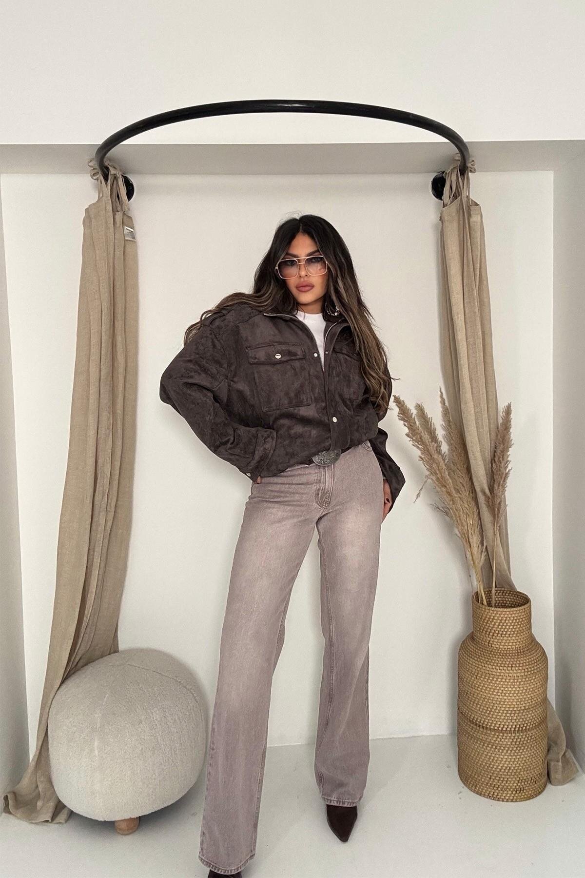 بنطلون جينز واسع لون خمري مغسول - Sohotique By P