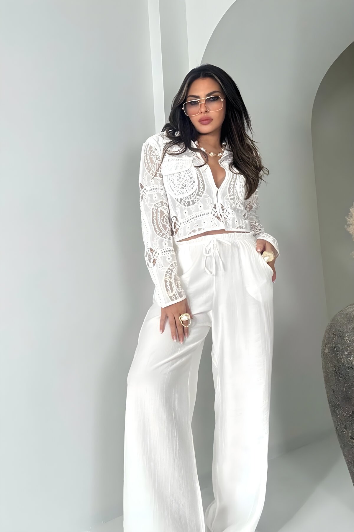 Ekru Krinkle Büzgü Bel Lastikli Pantolon - Sohotique By P