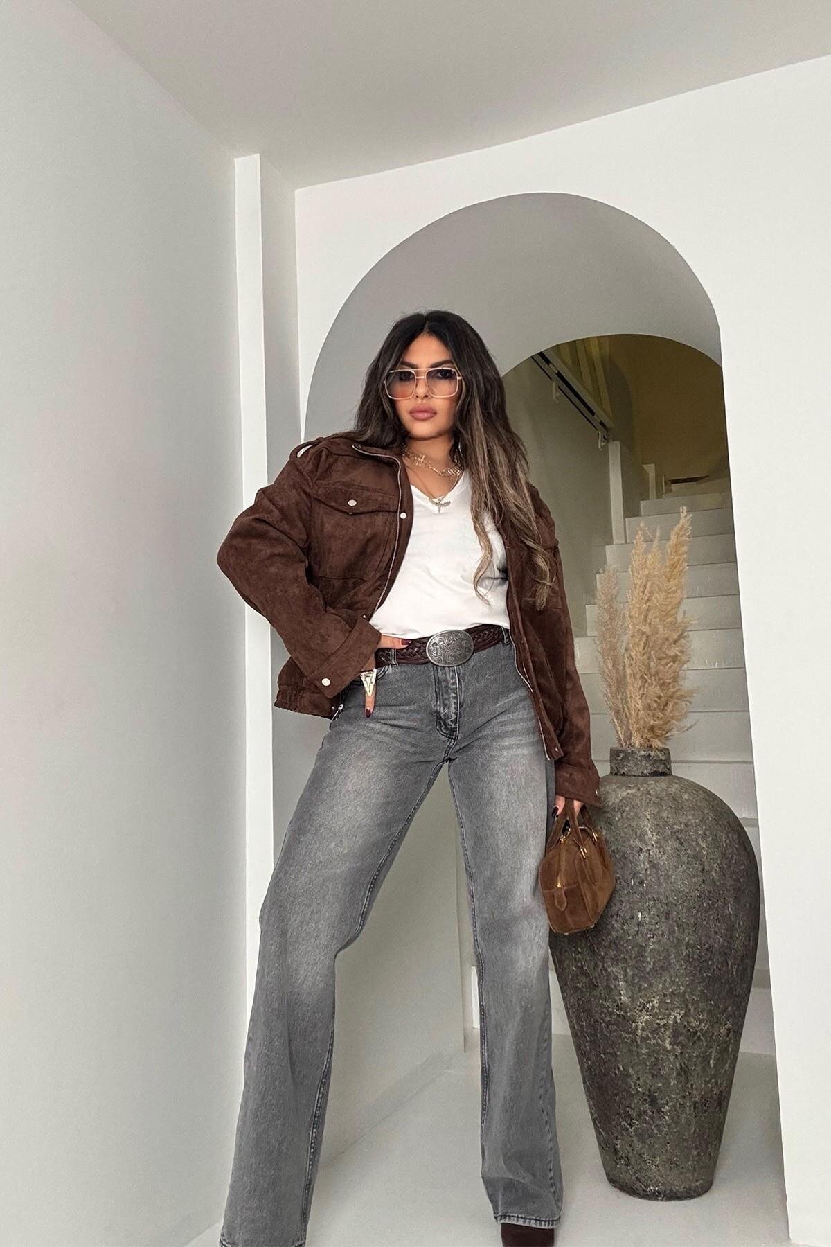 بنطال جينز بأرجل واسعة رمادي دخاني مغسول - Sohotique By P