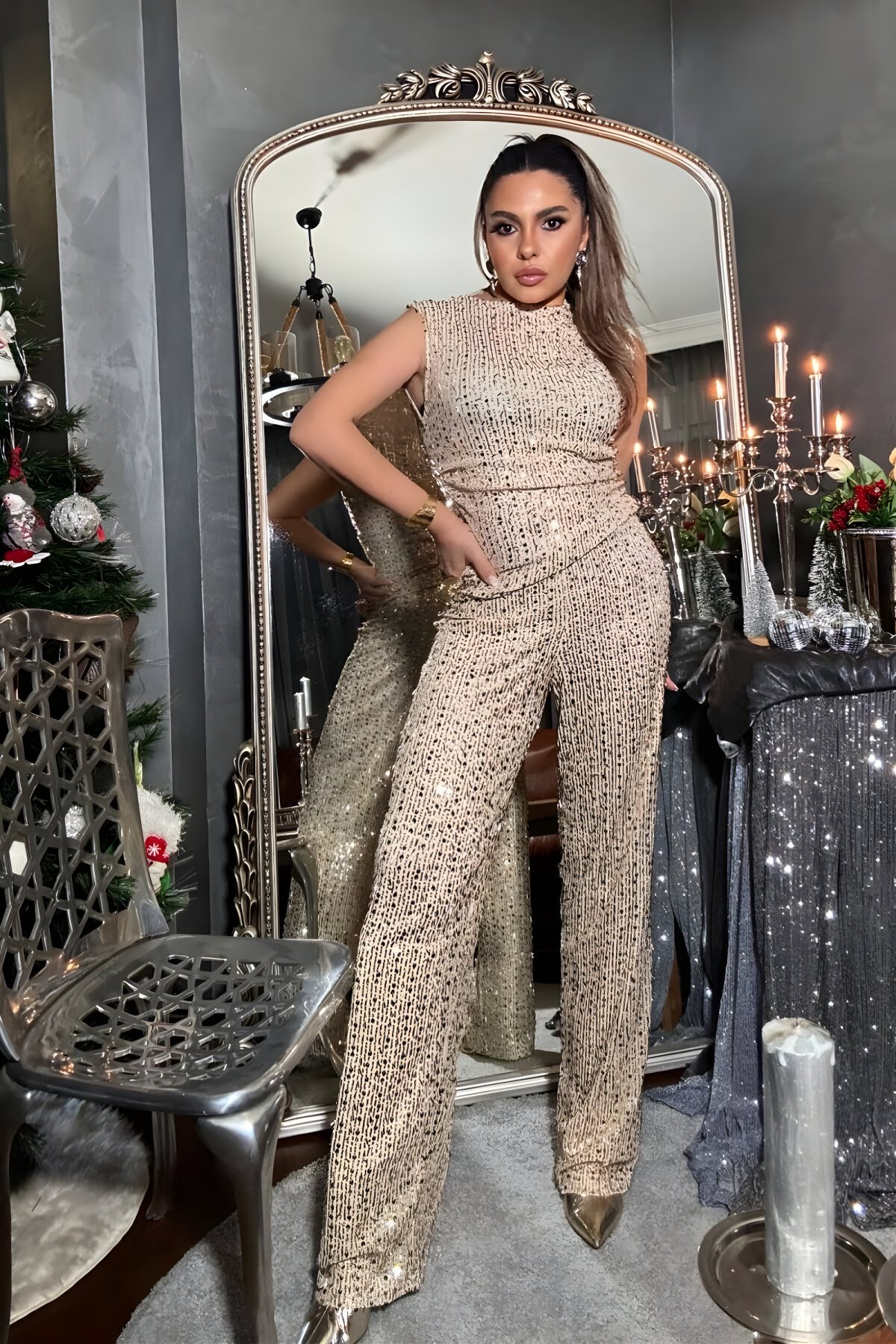 Gold Payet Ve Boncuk Detaylı Pantolon