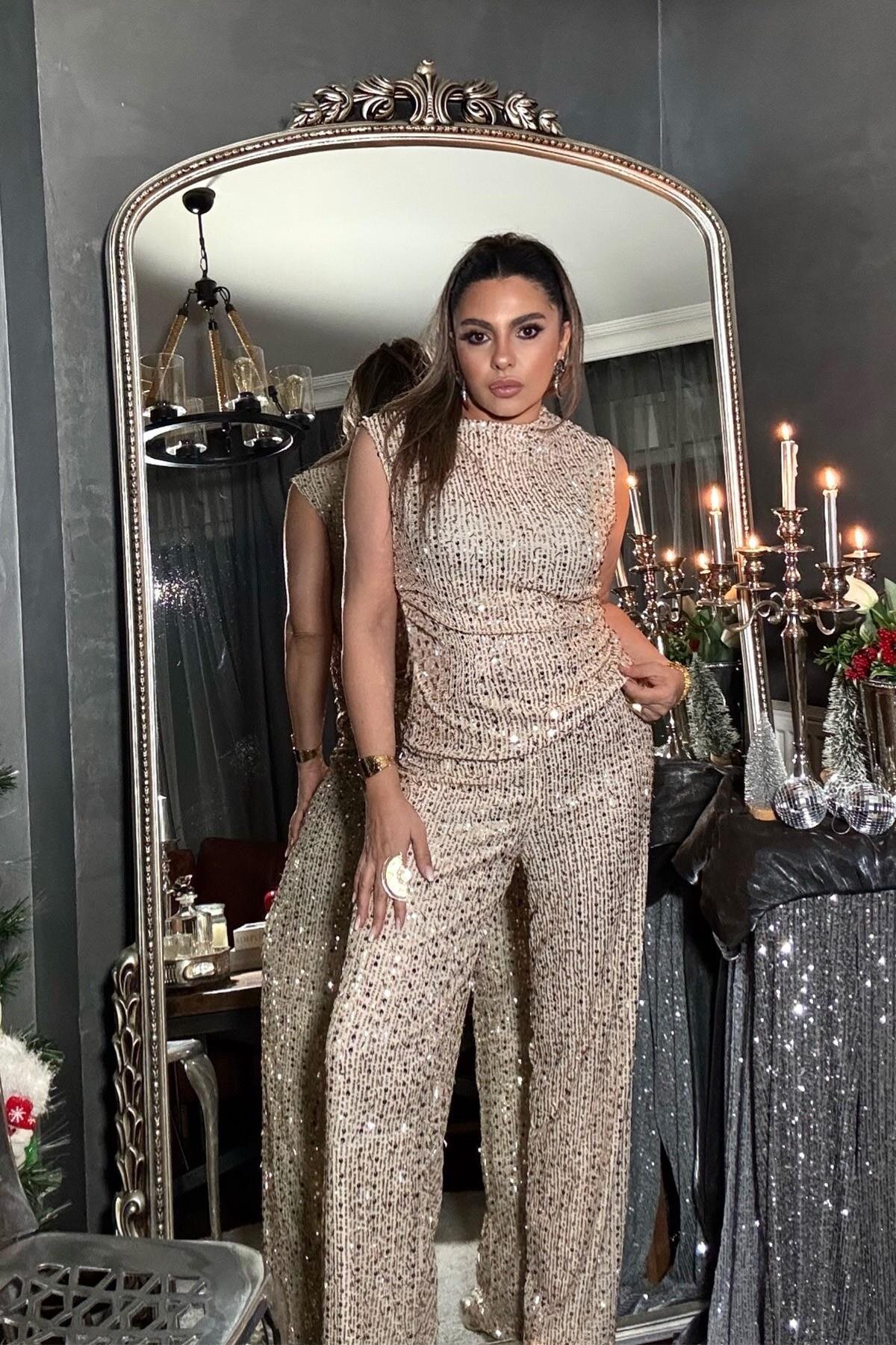 Sequin and Bead Detailed Pants - Gold - Sohotique By P