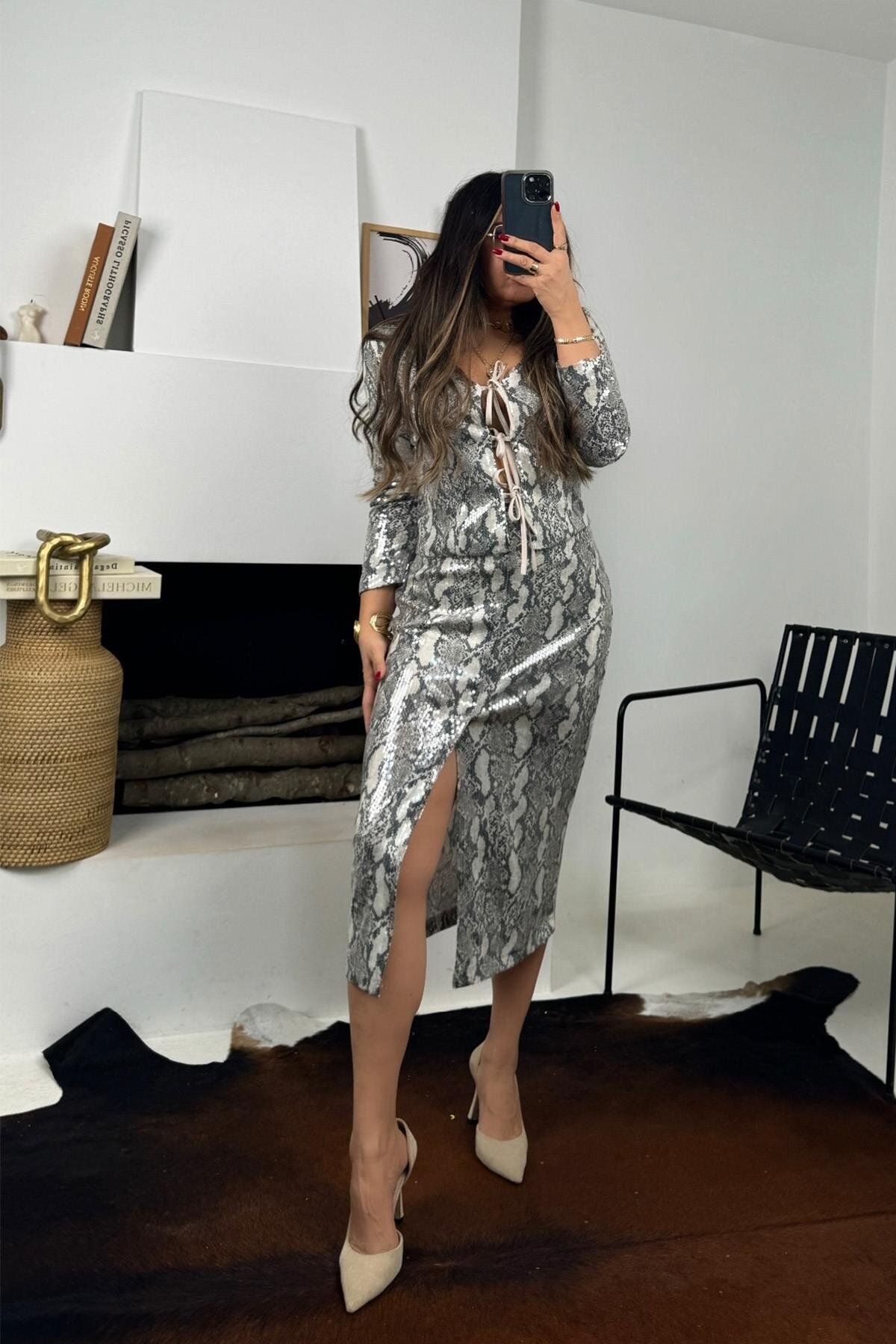 Midi Pencil Snakeskin Print Sequined Skirt - Grey - Sohotique By P