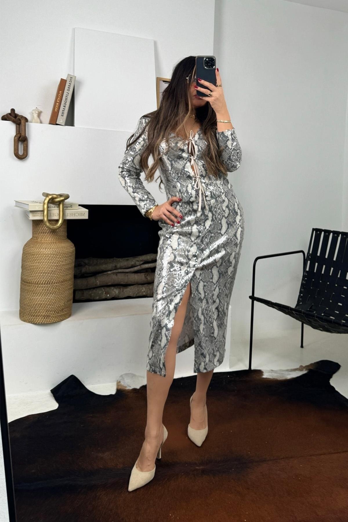 Midi Pencil Snakeskin Print Sequined Skirt - Grey - Sohotique By P