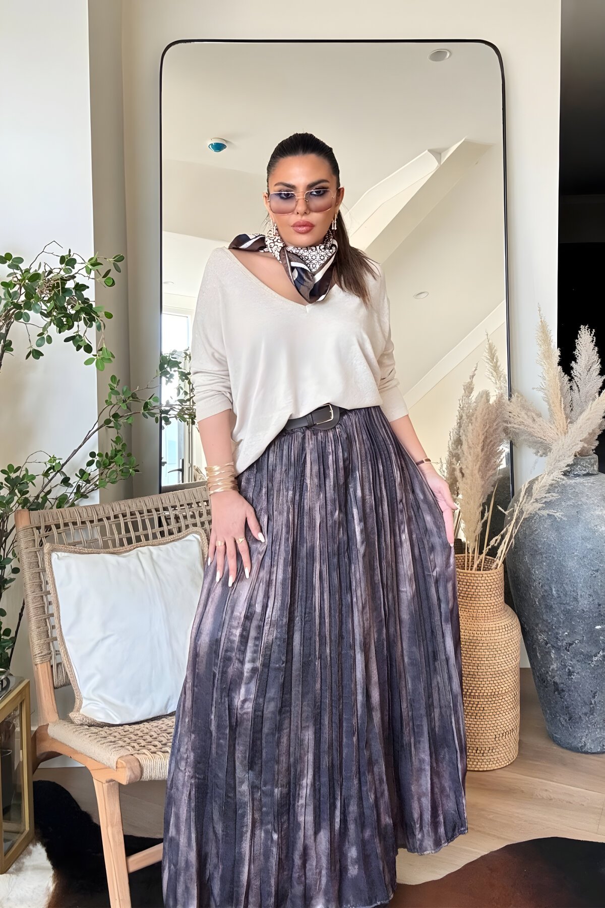 Kahve Uzun Krinkle Saten Kemerli Beli Lastik Etek