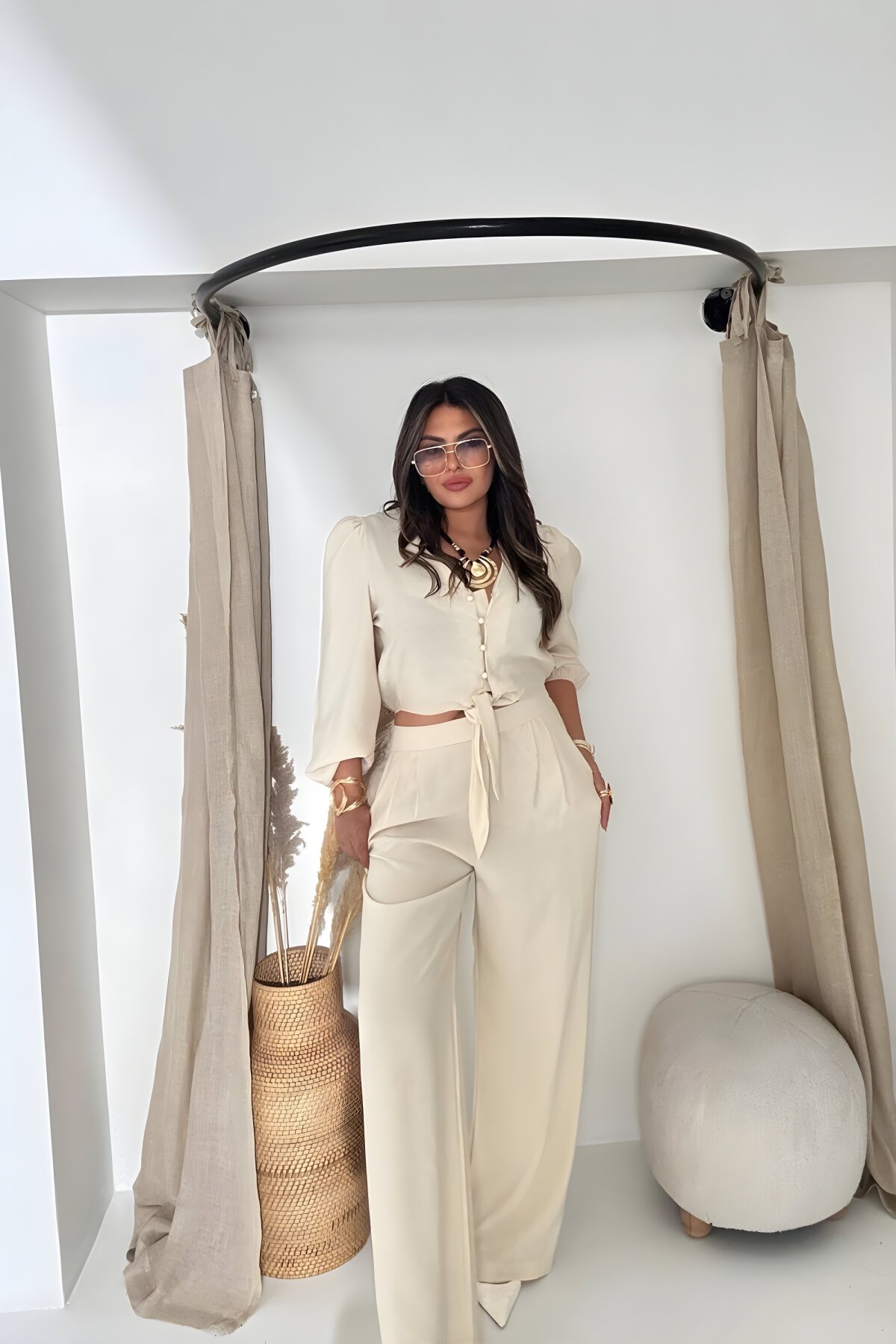 Karpuz Kol Crop Taş Bağlamalı Pantolon İkili Takım - Sohotique By P