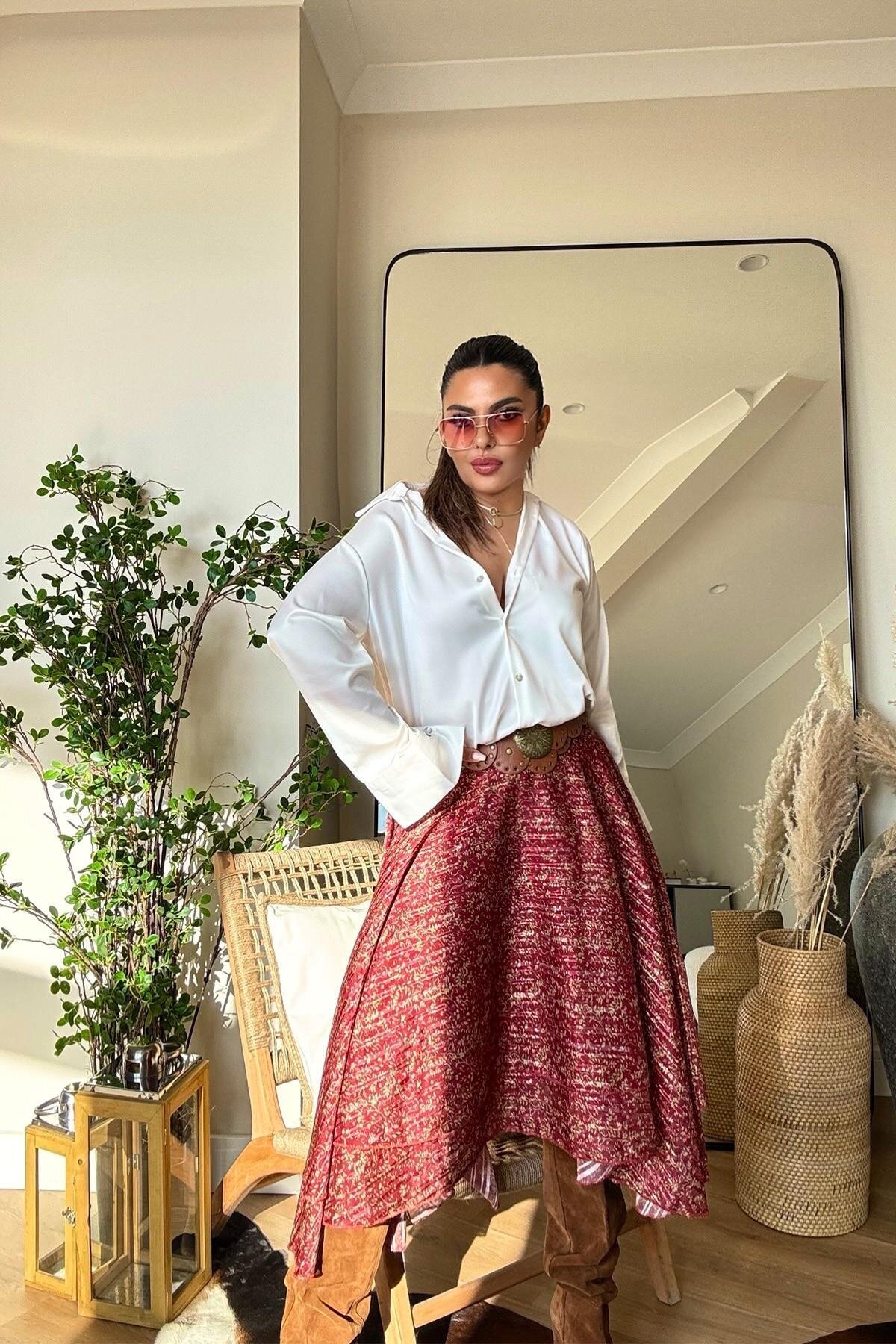 تنورة ميدي لون آجري شيفون موشح بليسيه بلمعة - Sohotique By P