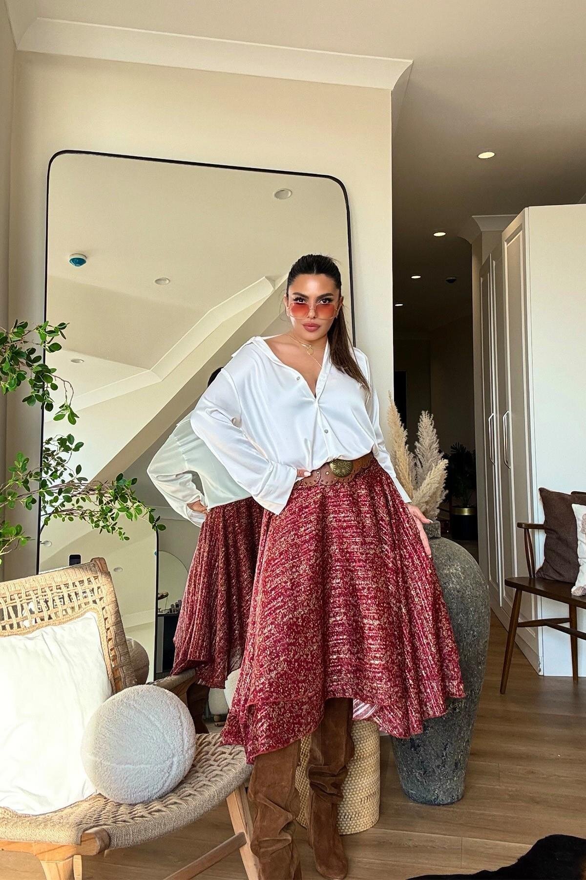 تنورة ميدي لون آجري شيفون موشح بليسيه بلمعة - Sohotique By P