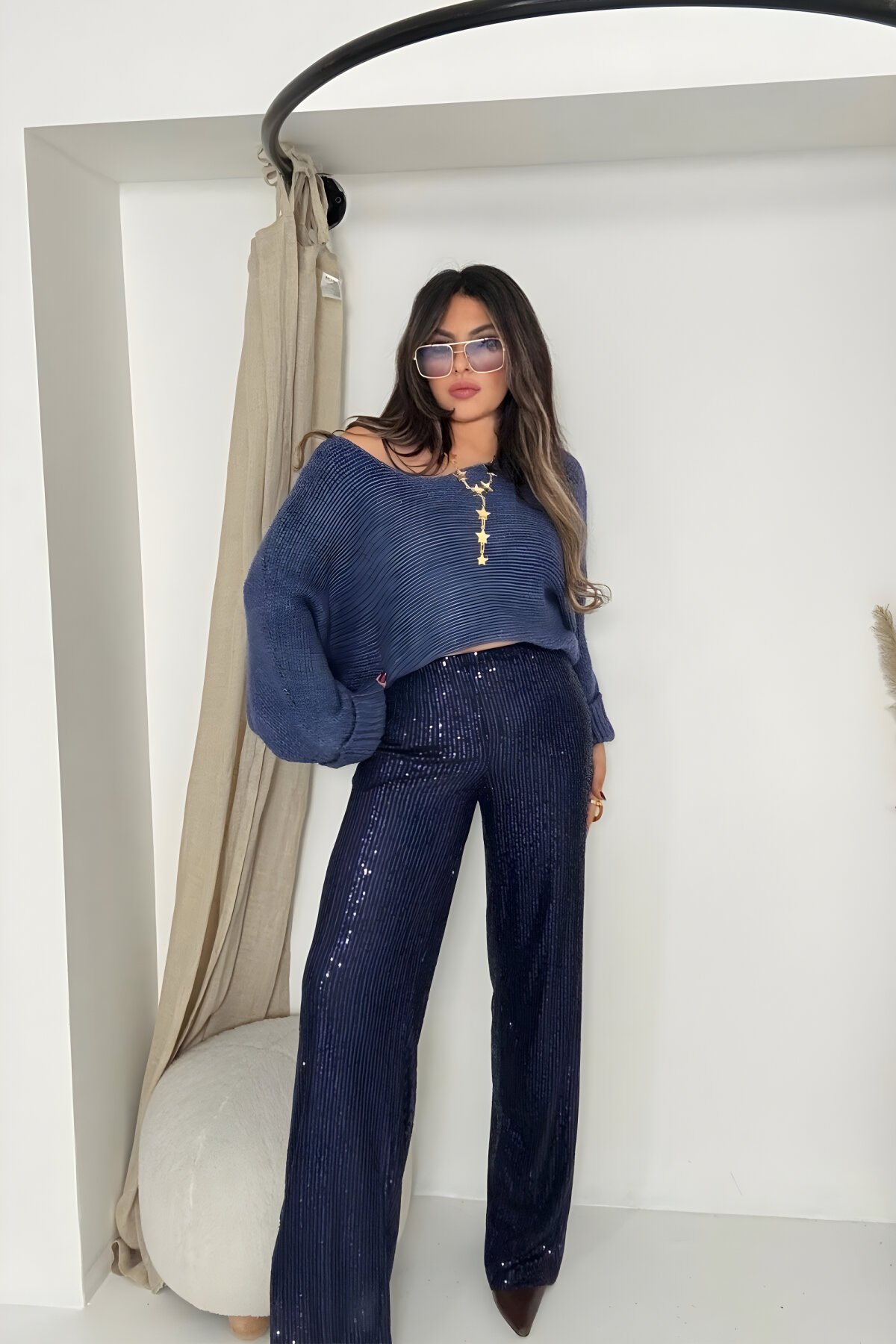 Lacivert Payetli Bol Paça Pantolon