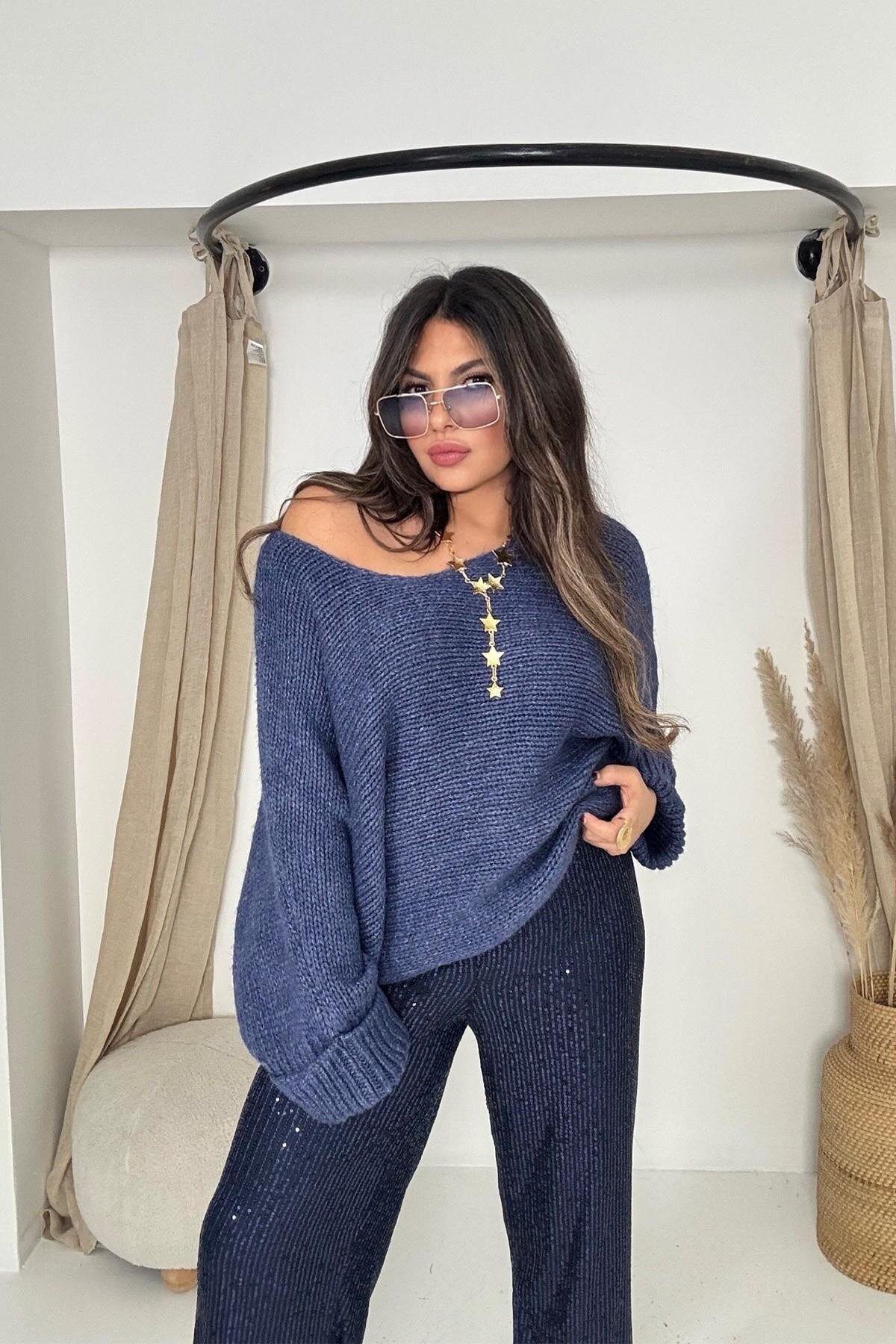 بنطلون واسع الأرجل لون كحلي بترتر - Sohotique By P